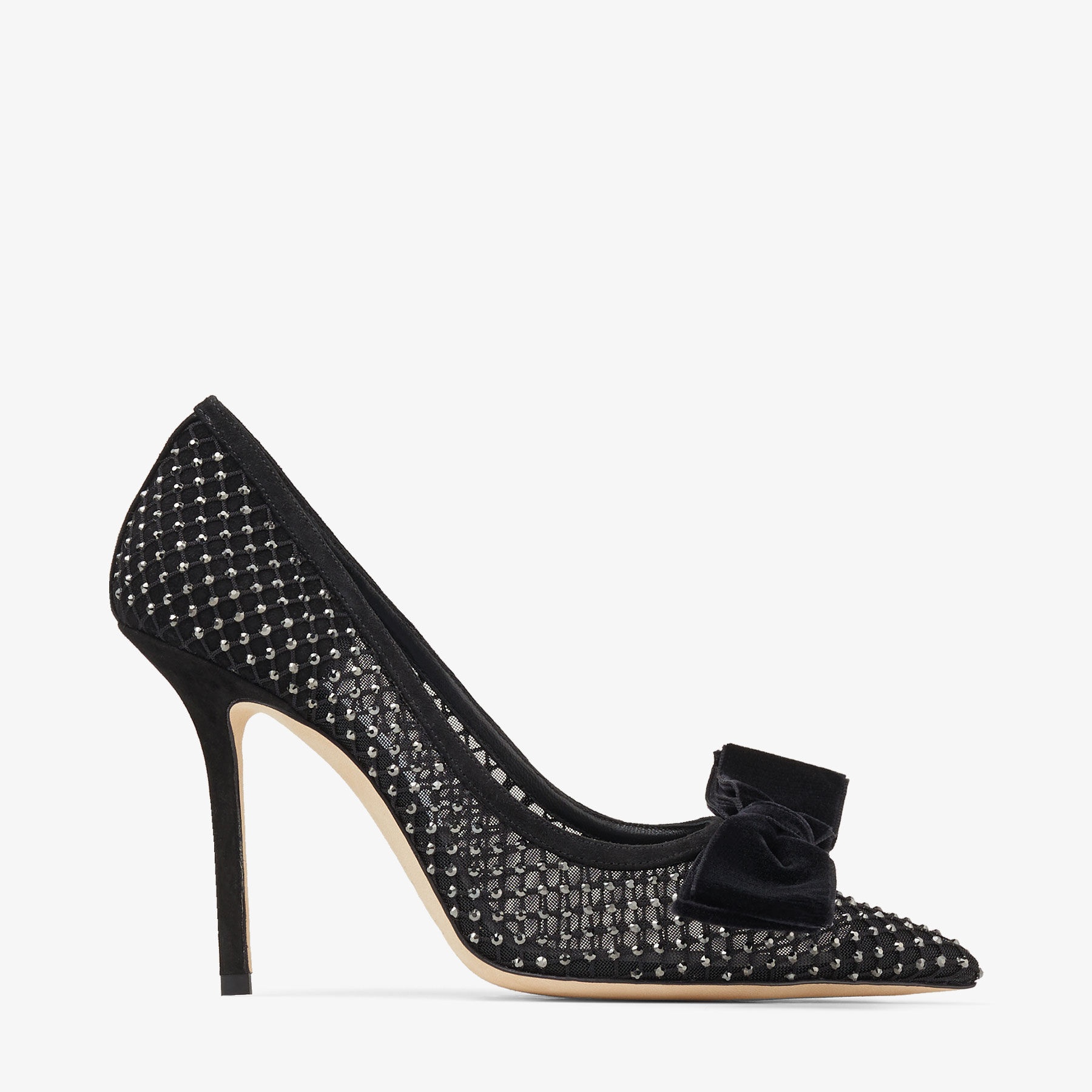 JIMMY CHOO Love 100 Black Crystal Mesh Pumps with Bow | REVERSIBLE