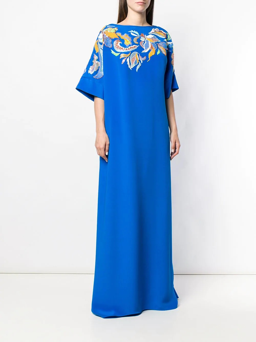 Floral Embroidered Silk Kaftan Dress - 3