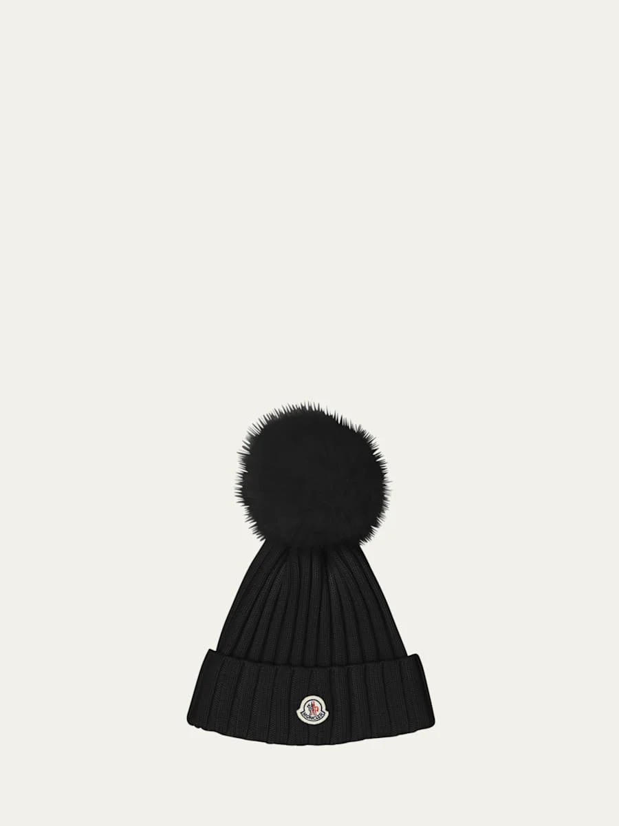 Ribbed Logo Beanie with Faux Fur Pom - 1