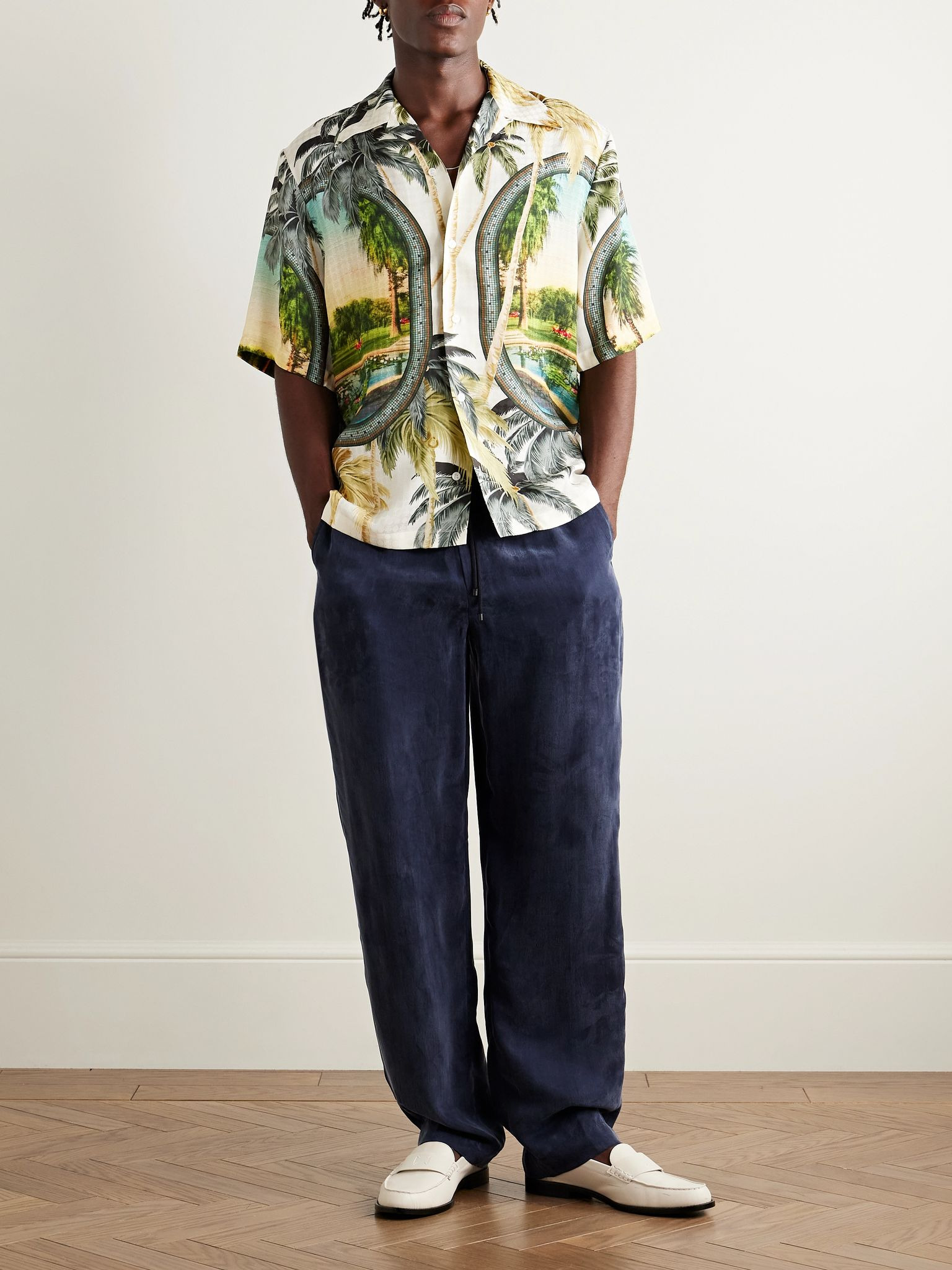 Convertible-Collar Printed Satin-Jacquard Shirt Green - 2