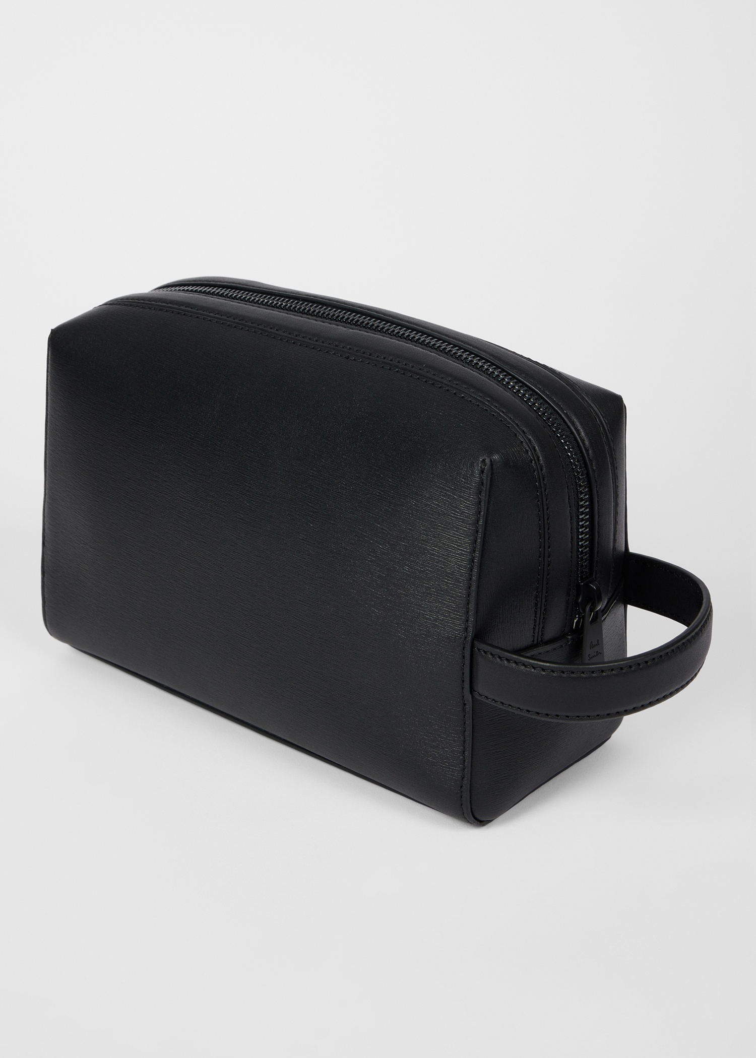 Black Straw-Grain Embossed Leather Wash Bag - 3