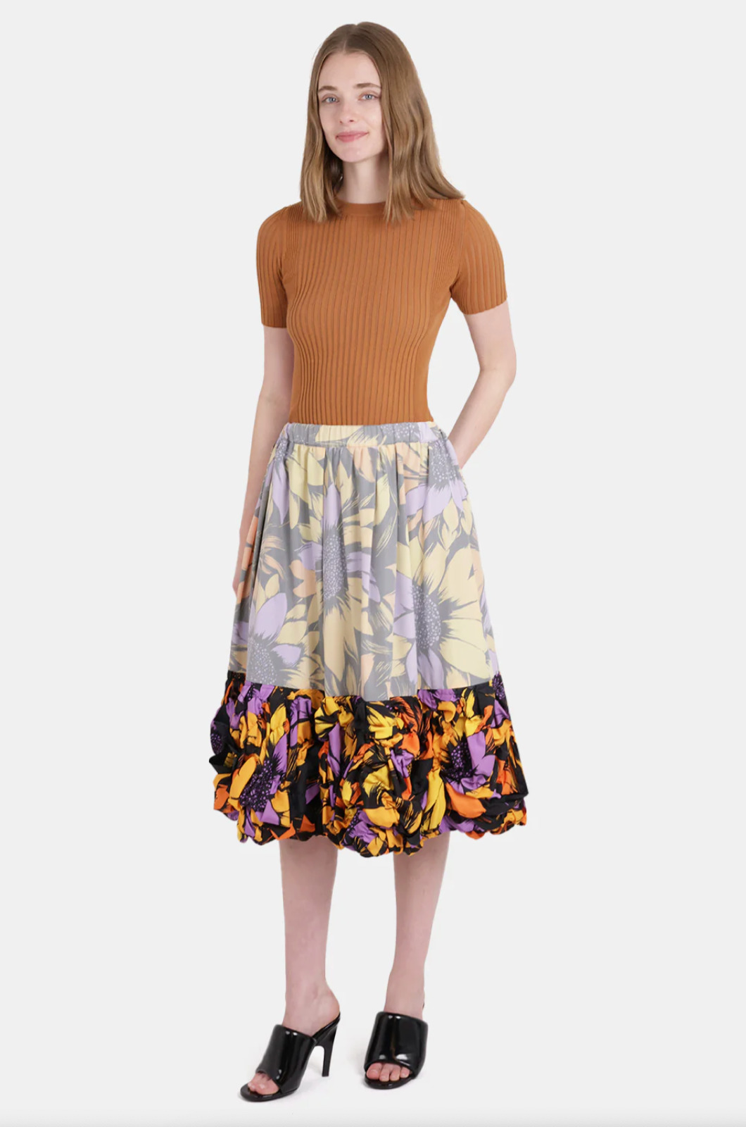 CONTRAST DETAIL FLORAL PRINT MIDI SKIRT WITH RUFFLE HEM | MULTI - 2