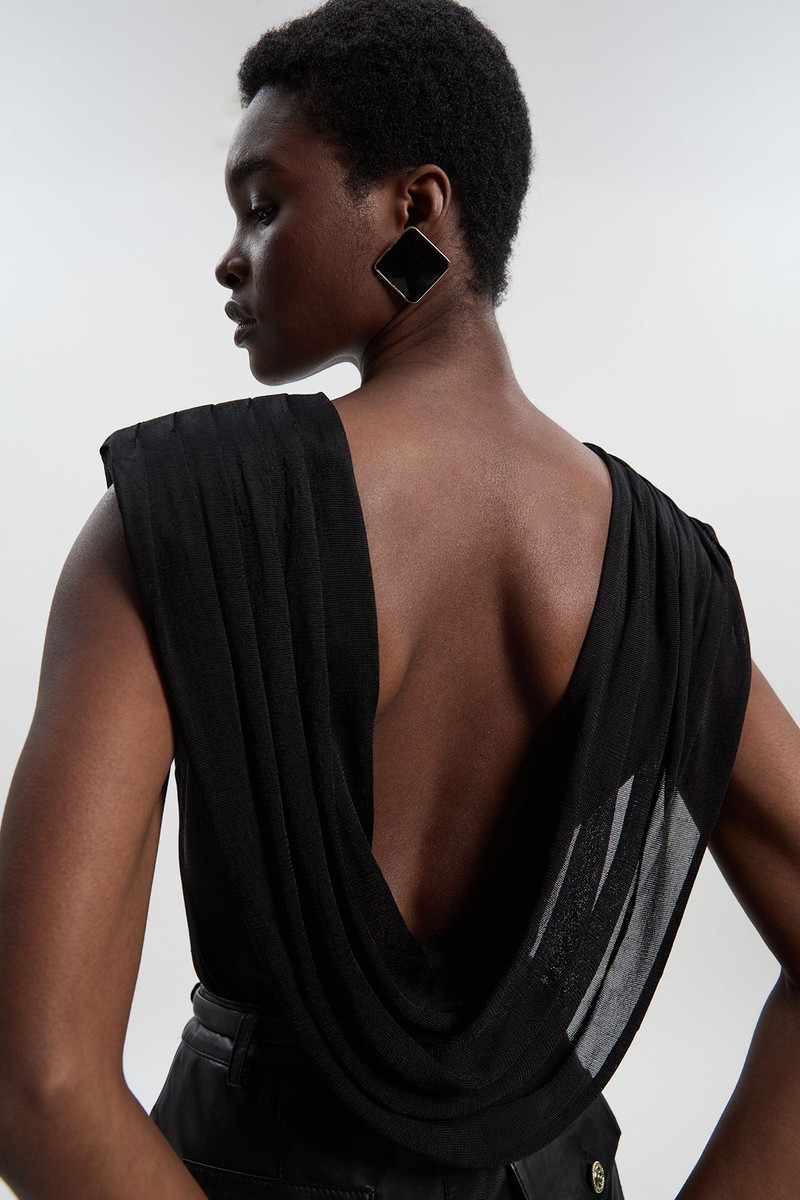 Viscose Blend Slinky Drape Plunge Back Knit Top 1