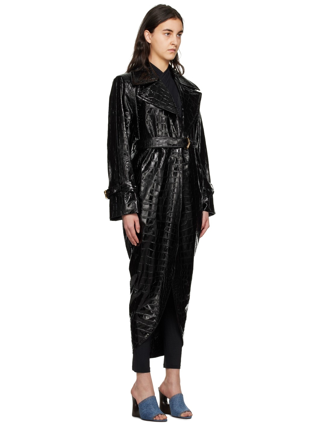 Croc Effect Faux Leather Trench Coat in Black - Alaia