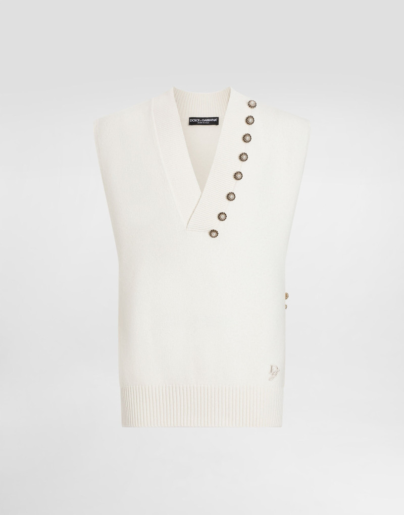 Wool V-neck vest with bejeweled buttons and DG embroidery 1