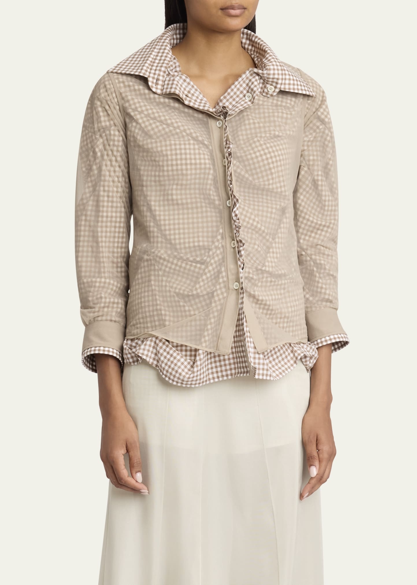 Ruched Hybrid Check Button Down Blouse - 4