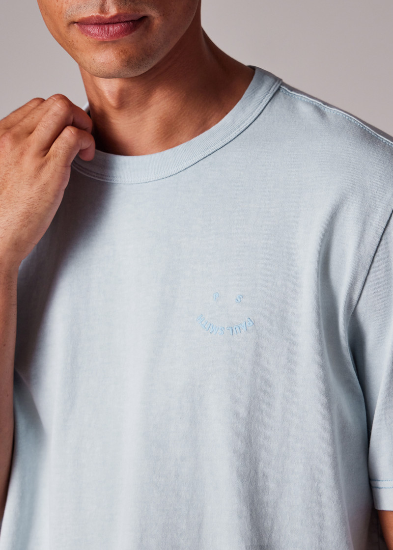 Pale Blue Pigment Dyed 'Happy' T-Shirt 4