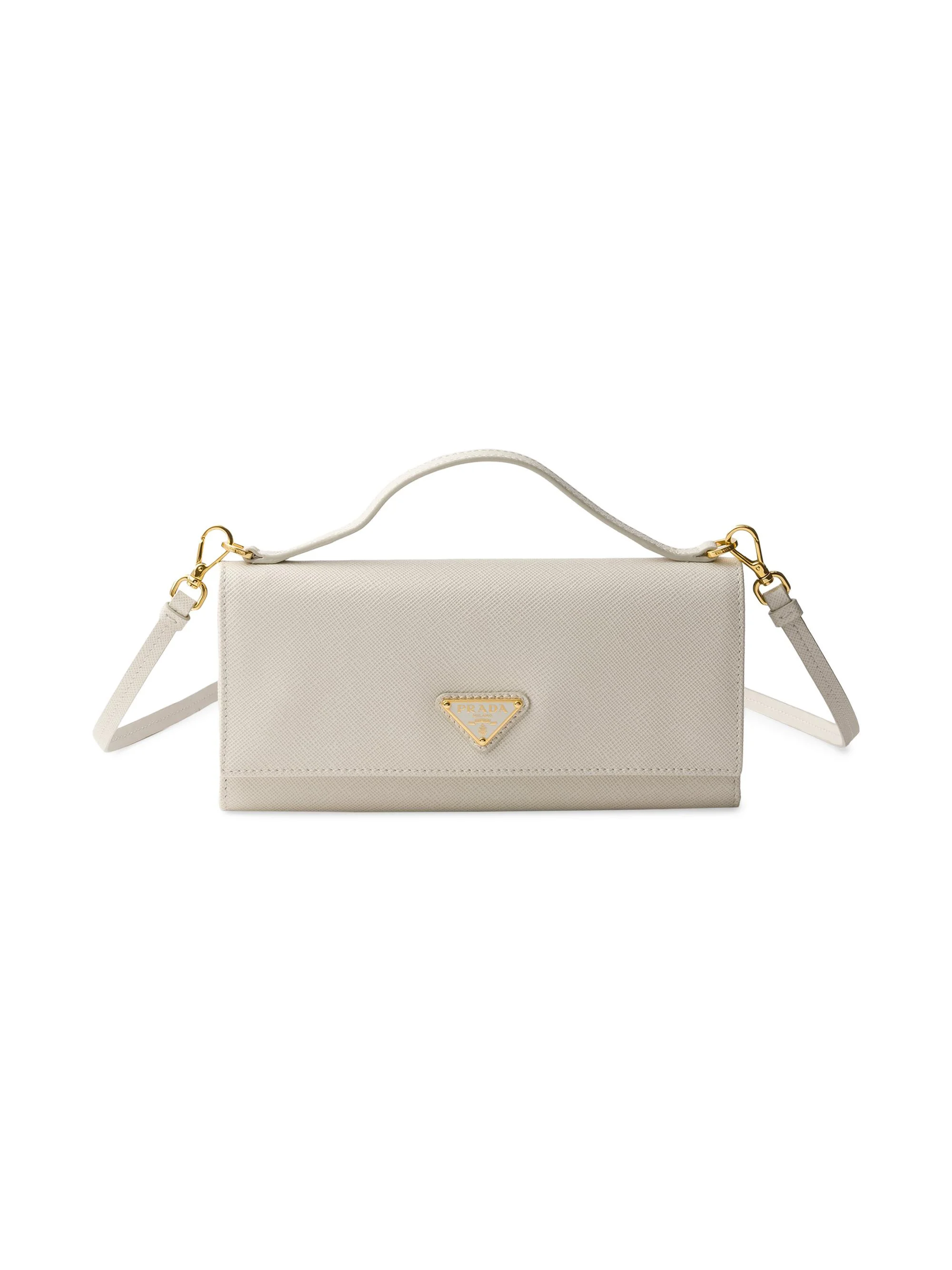 Women's Saffiano Leather Wallet with Shoulder Strap - Beige Khaki - 1