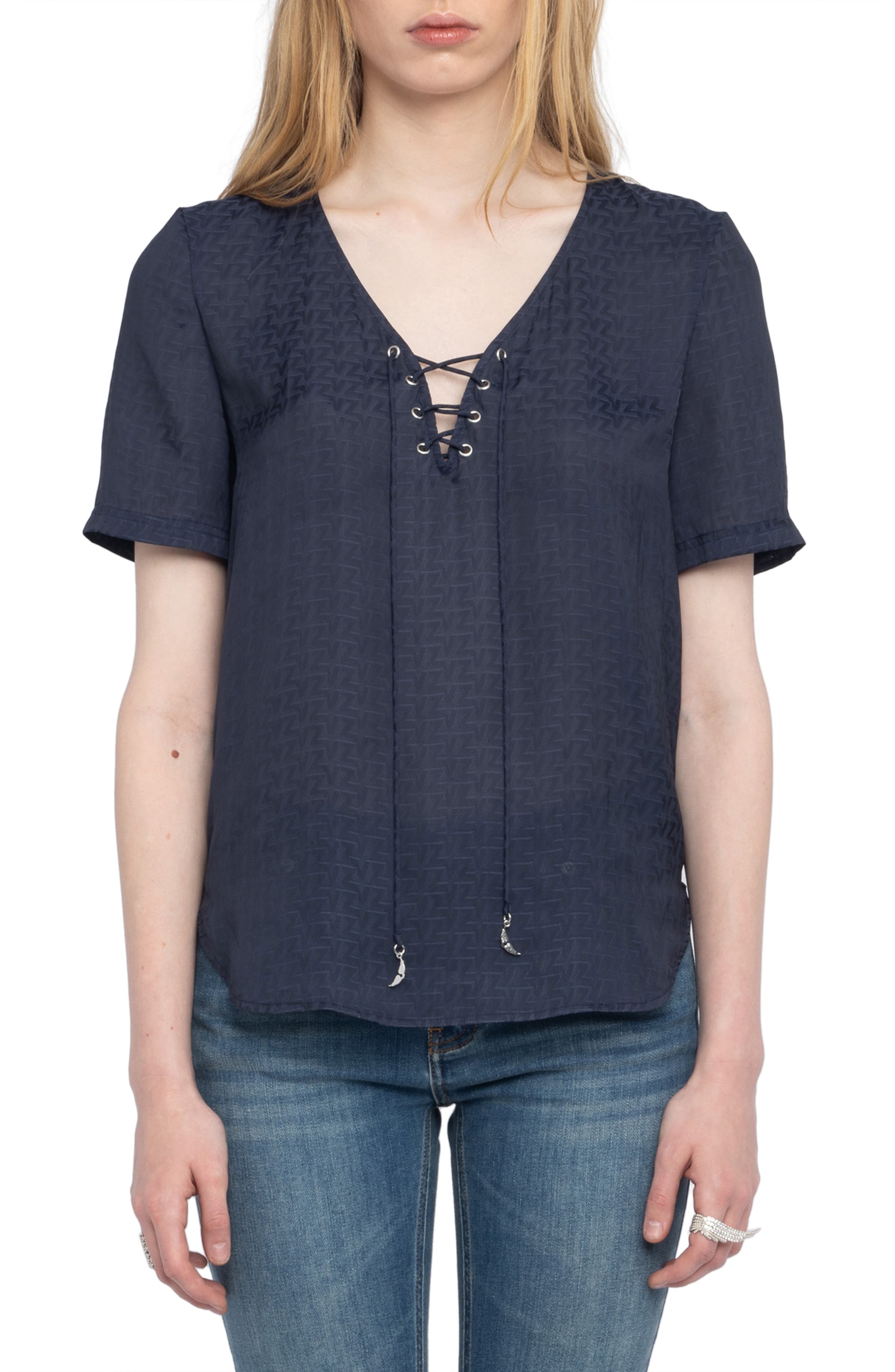 Zadig & Voltaire Terzo Lace-Up Satin Top in Encre at Nordstrom - 1
