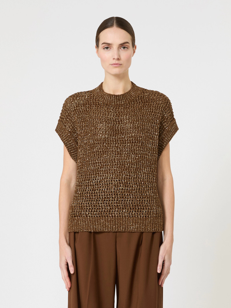 ARMONIA Sequin-adorned mesh-knit cotton sweater - HAZELNUT BROWN 3