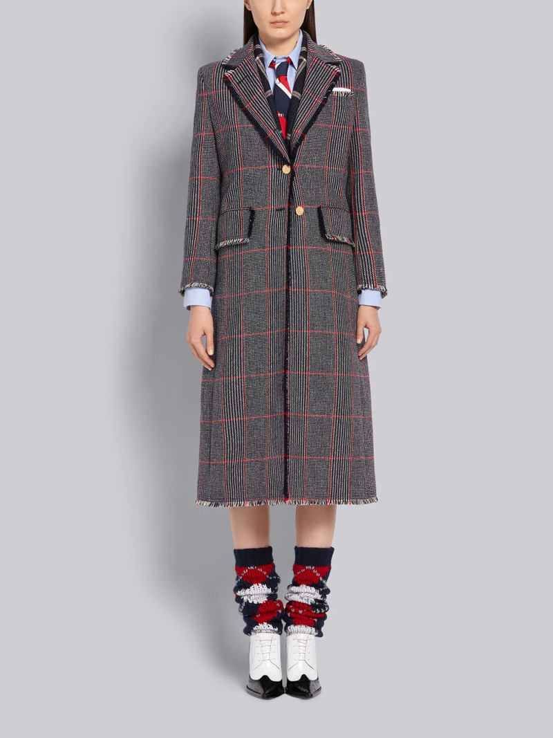Tricolor Oversized Check Hunting Wool Tweed Frayed Wide Lapel Overcoat 1