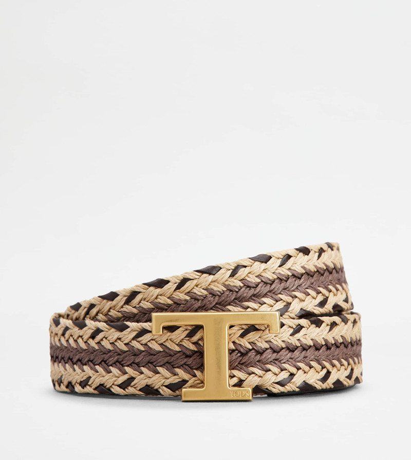 T TIMELESS BELT IN LEATHER AND FABRIC - BROWN, BEIGE 1