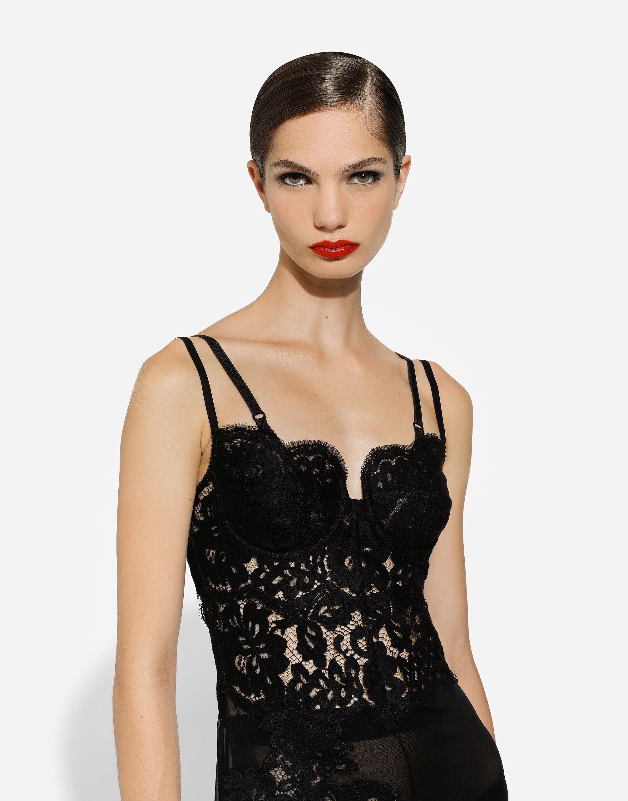 Long silk chiffon and Chantilly lace slip dress - 5