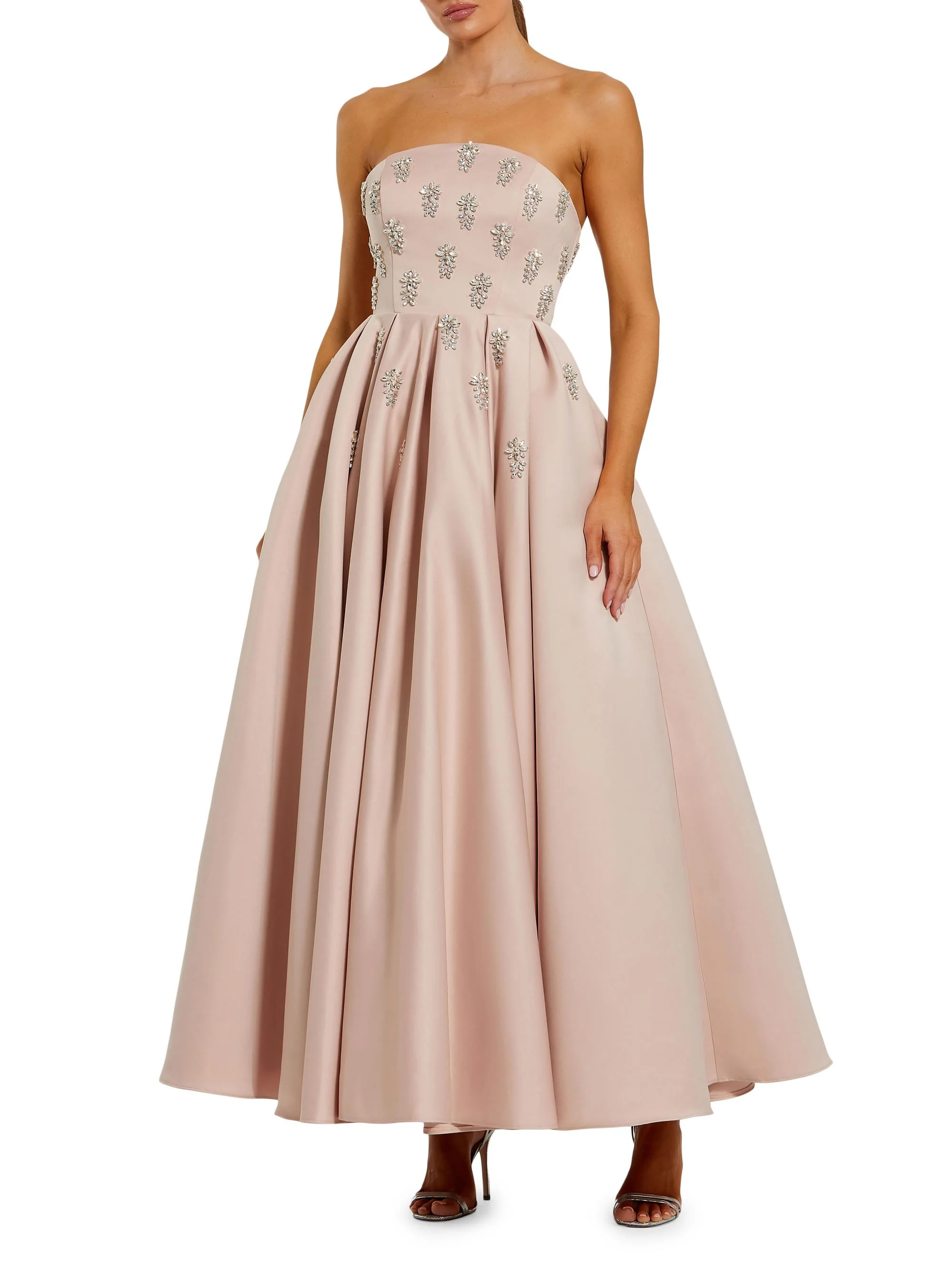 Women's Embellished Satin Strapless Tea-Length Dress - Blush - 1