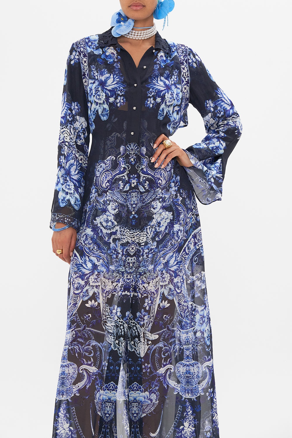PRINTED TRENCH WITH CUTWORK LACE COLLAR - 4