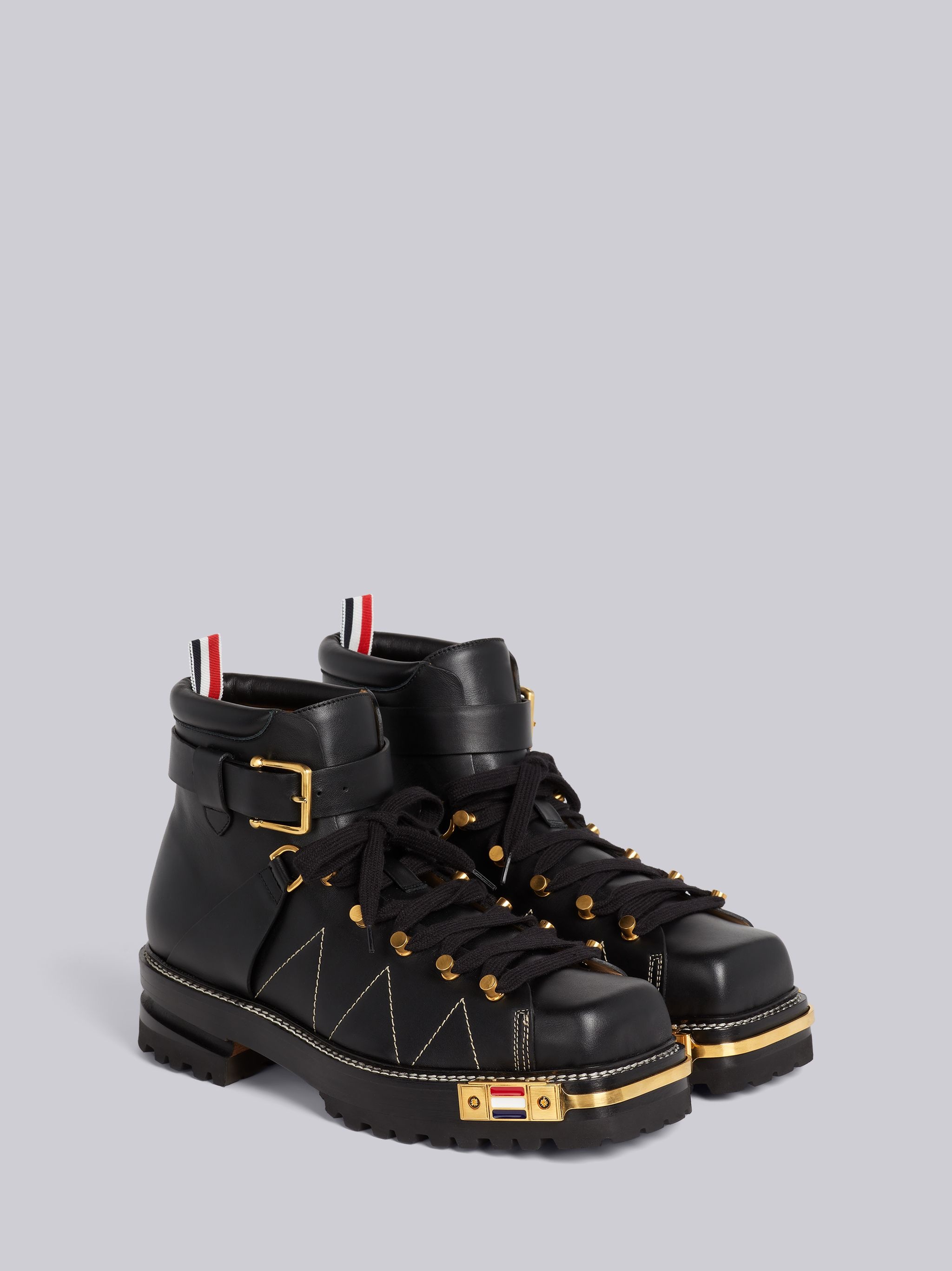 Black Vitello Calf Leather Brass Toe Stacked Sole Square Toe Hiking Boot - 3