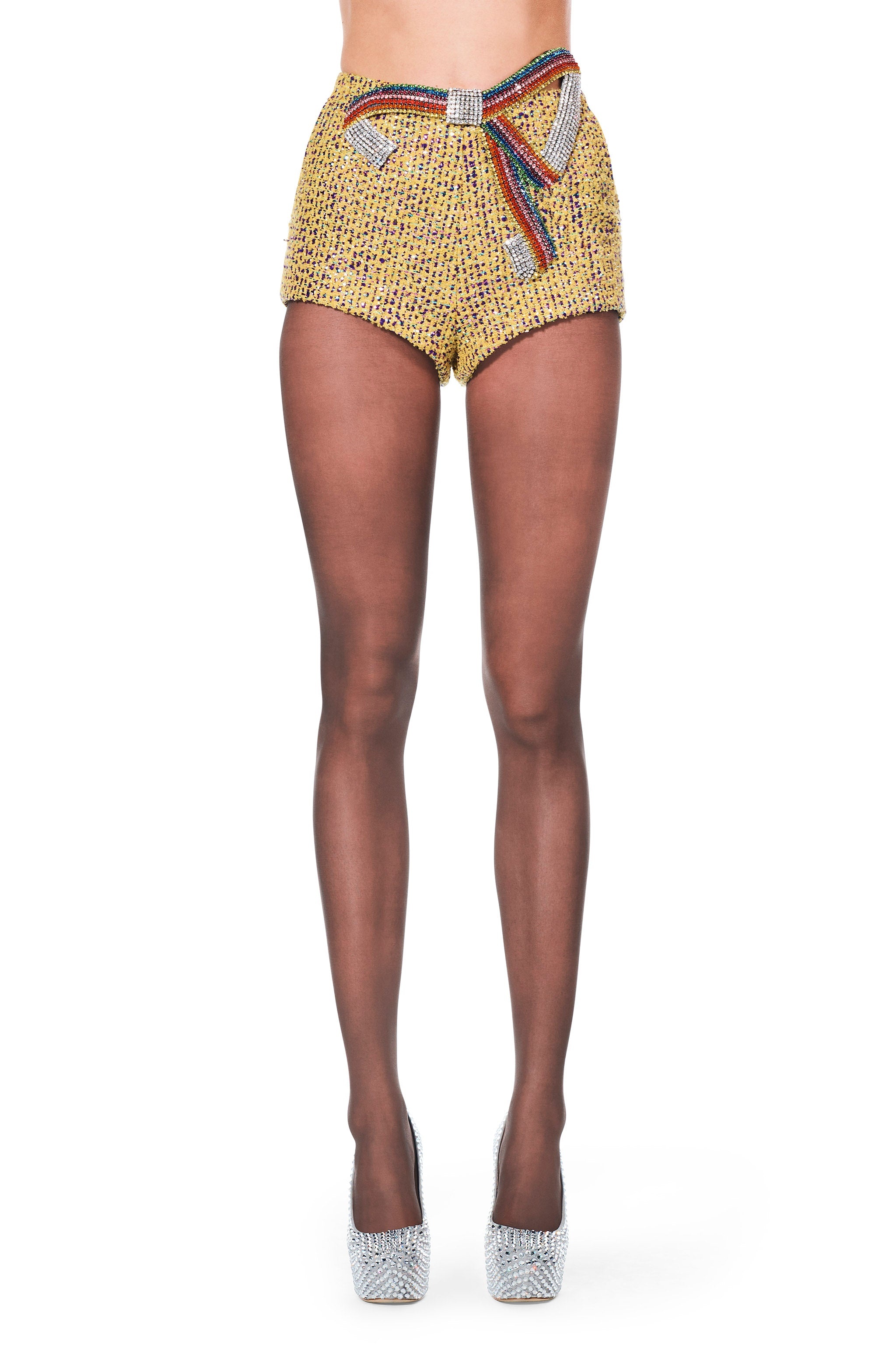 EMBROIDERED CRYSTAL BOW HOT SHORT - 1