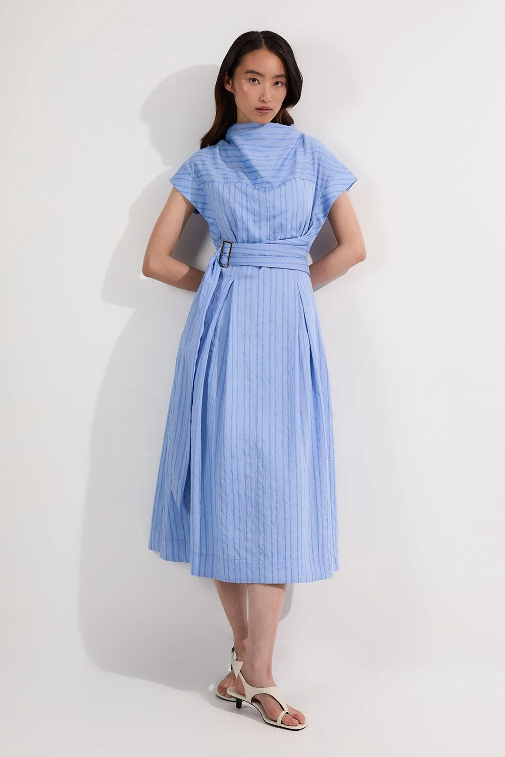 Cotton Stripe High Neck Belted Woven Midi Shirt Dress - 1