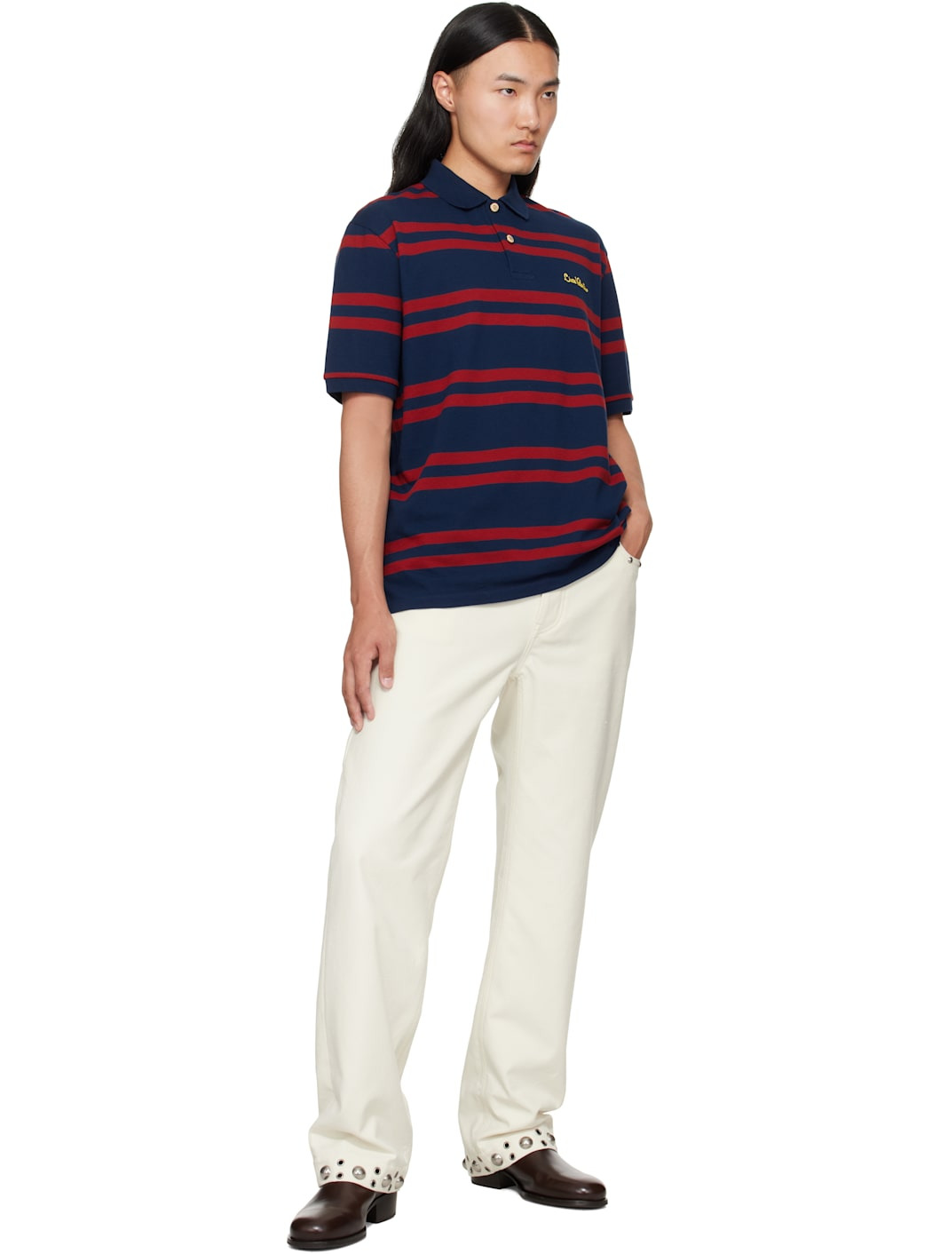 Red & Navy 'Chez Valentino' Embroidery Cotton Piqué Polo - 4