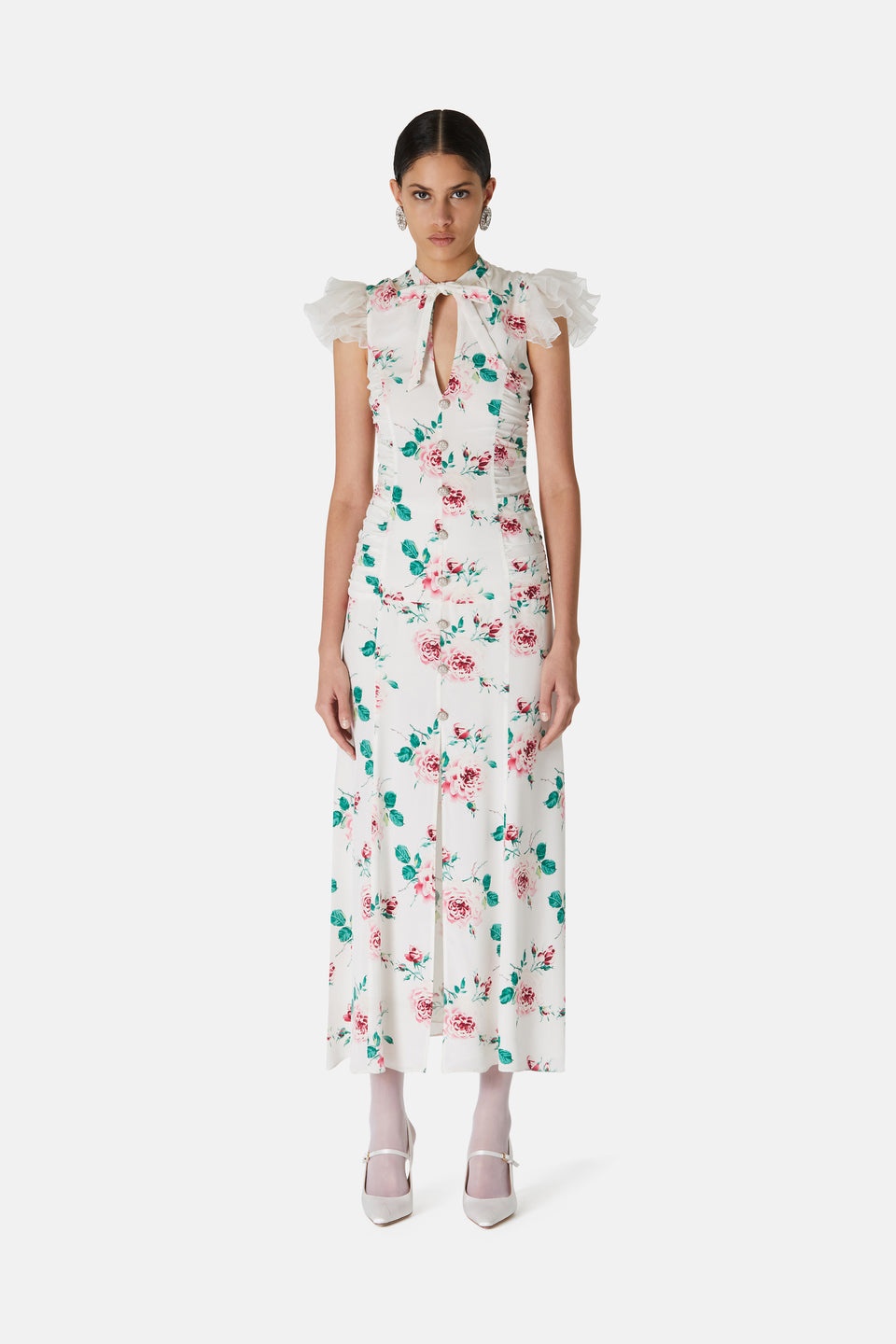 ROSE PRINT SILK DRAPED DRESS W/ ORGANZA SLEEVES - 4