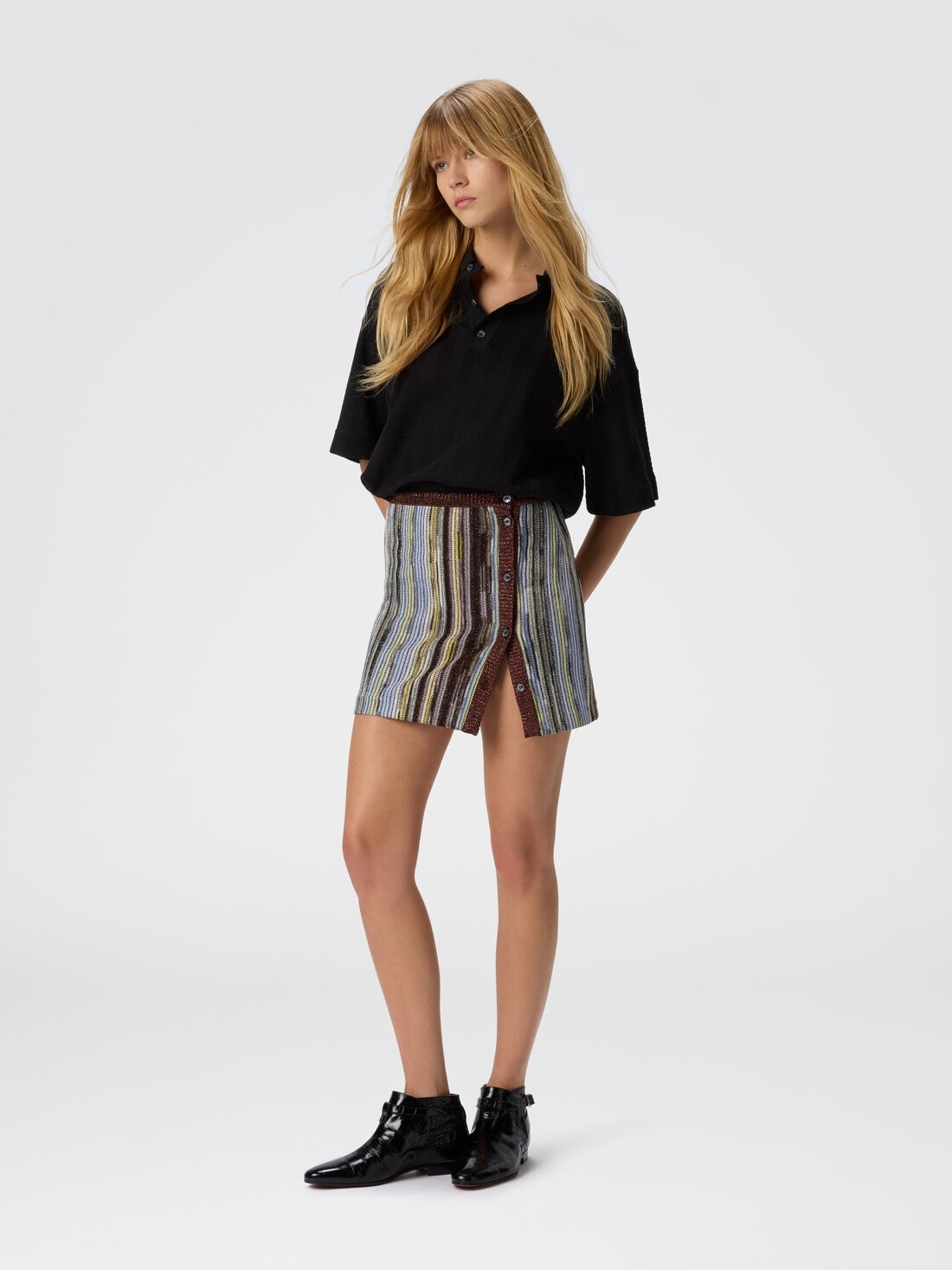 Striped lamé slub viscose miniskirt with side buttoning - 2
