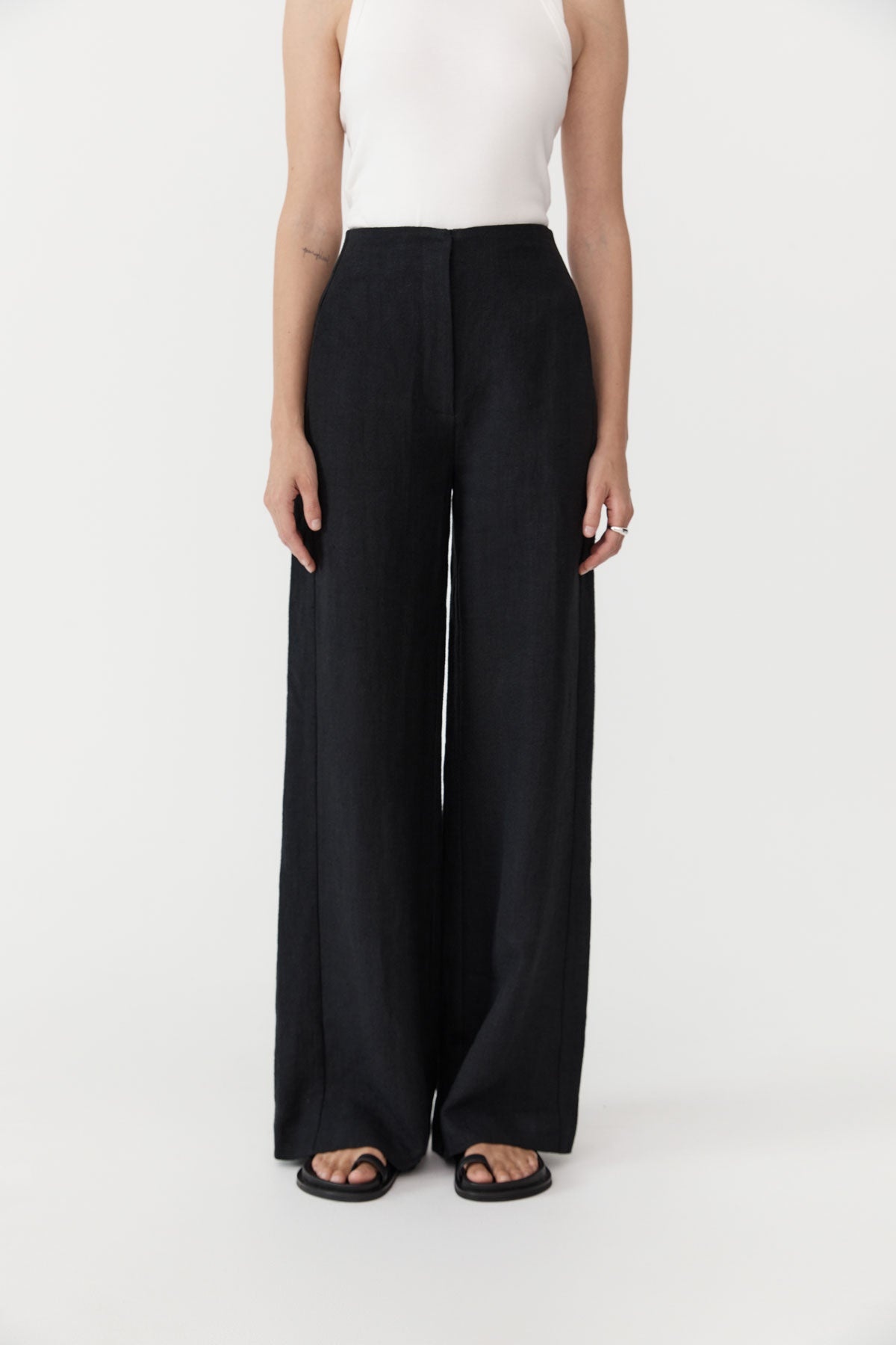 Linen Wide Leg Pants - Black - 5