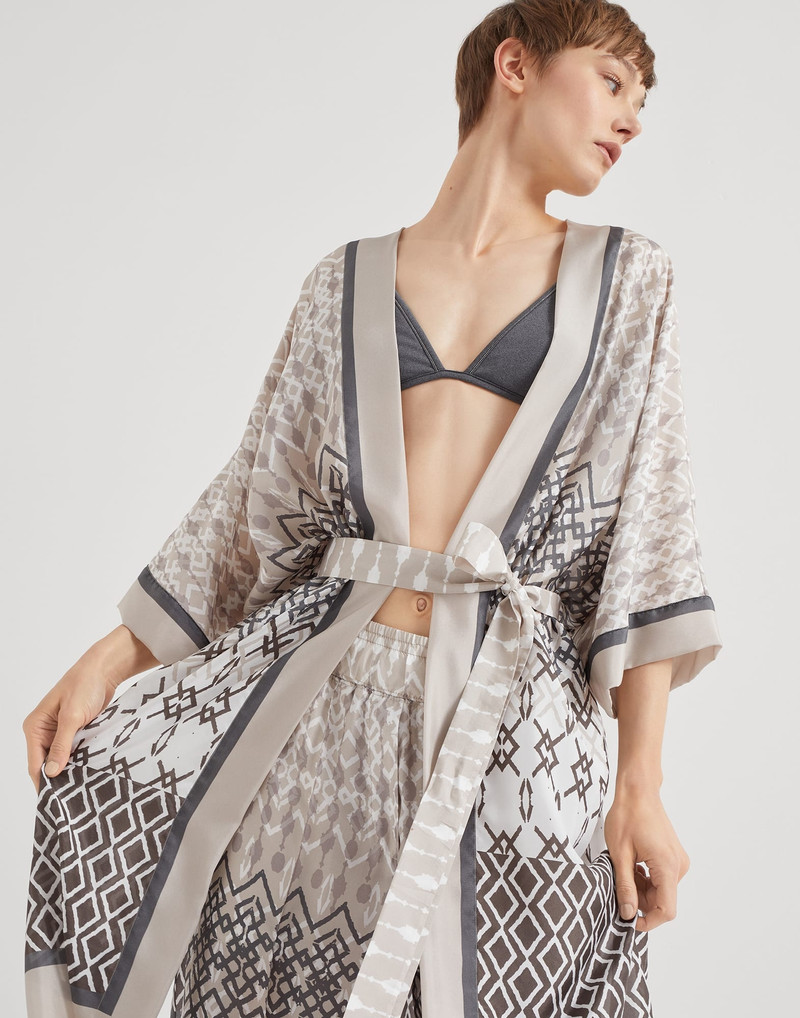 Silk ethnic print pongée kimono with monili 4
