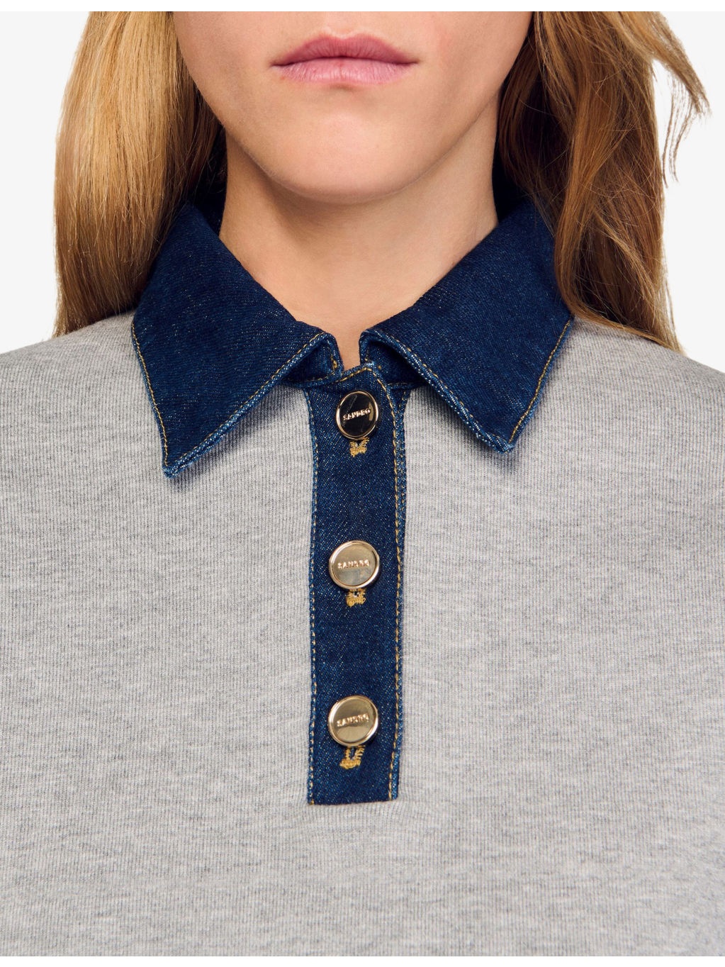 Denim button-down polo-collar knitted jumper - 5