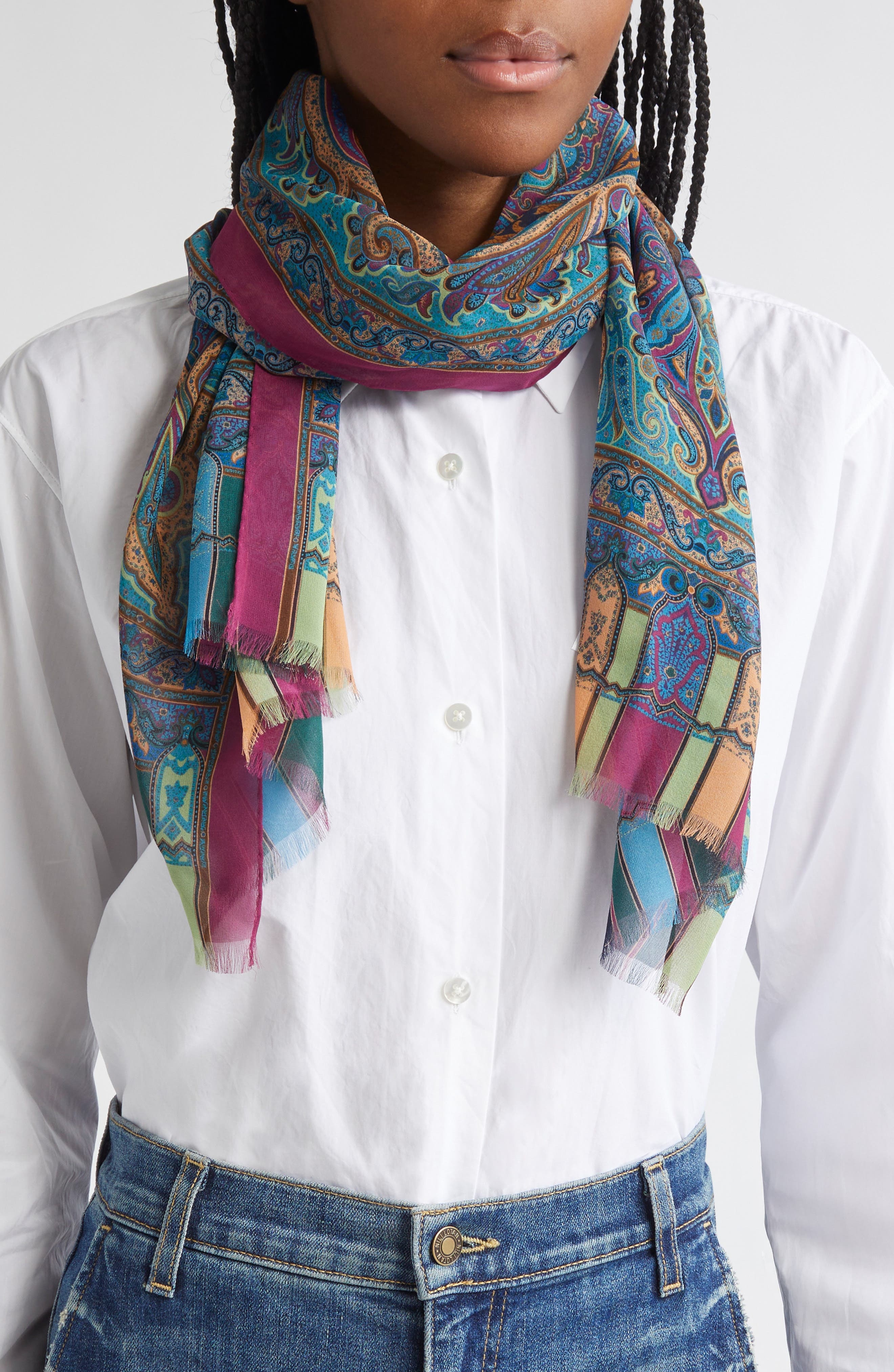 Etro Tosca Silk Fringe Scarf in S9883 Multicolour/Blue at Nordstrom - 2