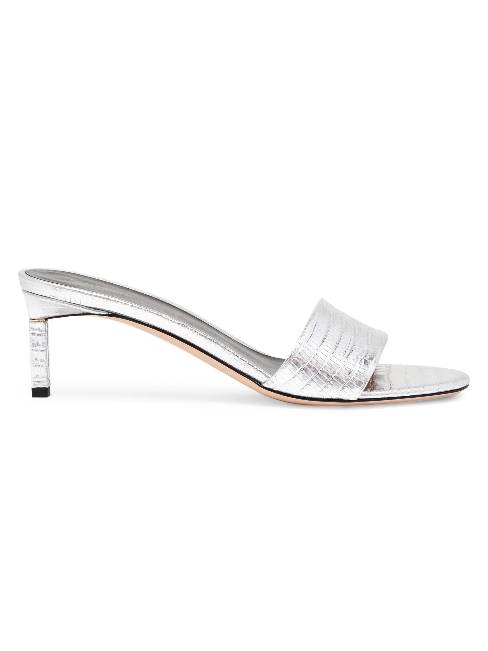 Women's 55MM Croc-Embossed Leather Kitten-Heel Mules - Silver - 1