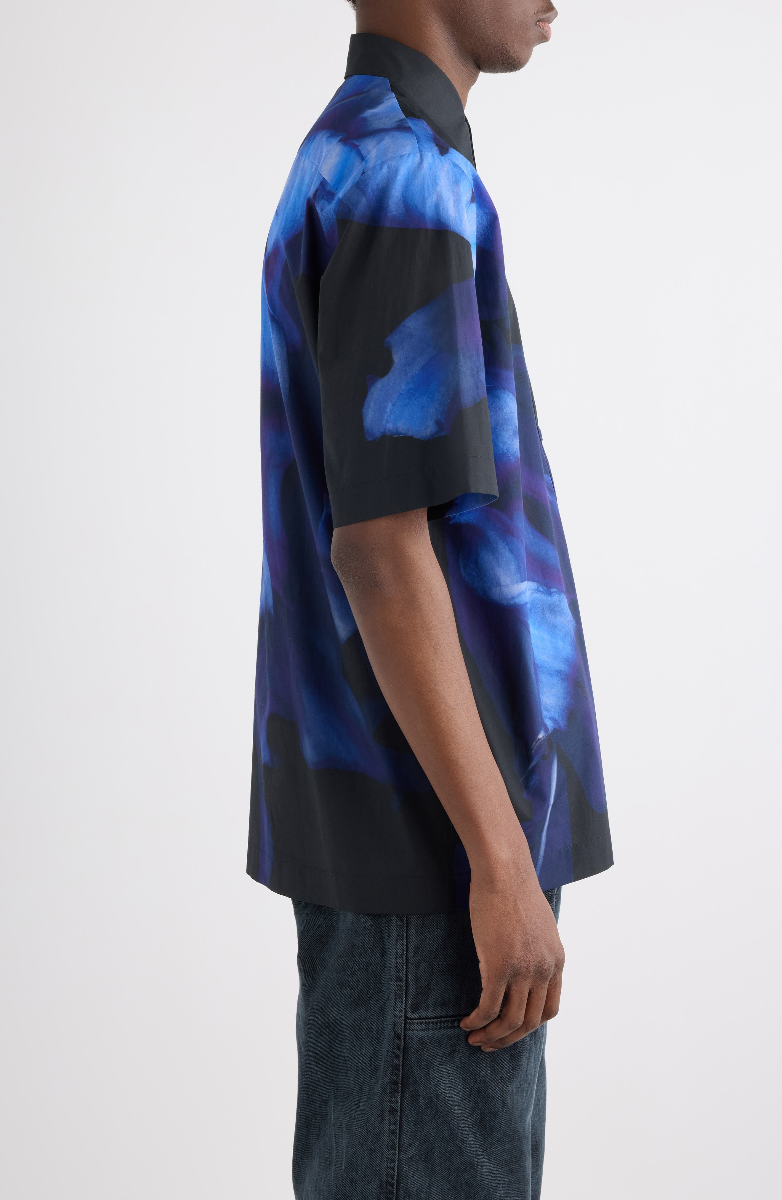 Dries Van Noten Clasen Floral Cotton Poplin Sleeve Silk Button-Up Shirt in Black at Nordstrom - 4