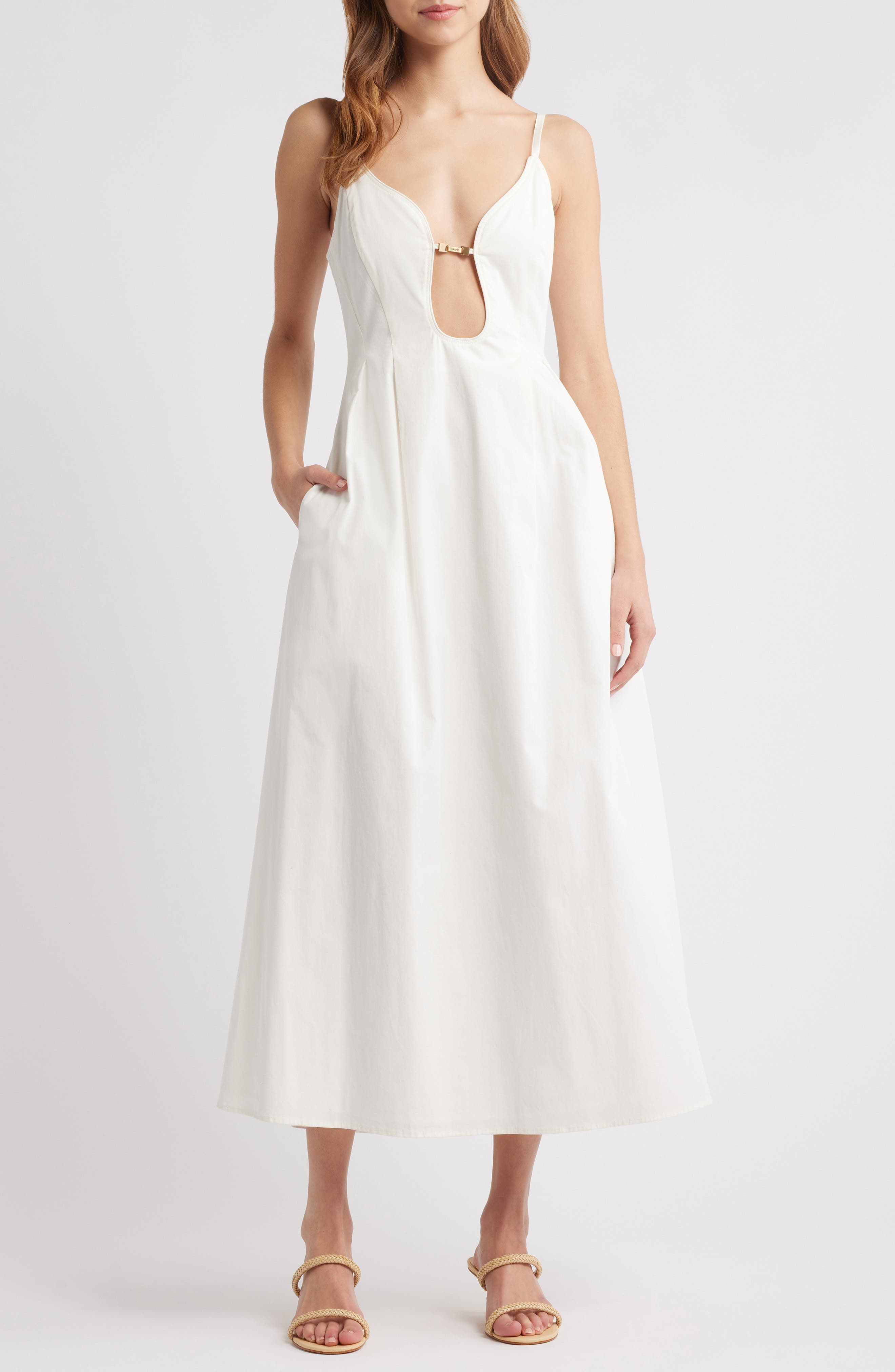 Cult Gaia Ellaria Plunge Stretch Poplin Midi Dress in Off White at Nordstrom - 1