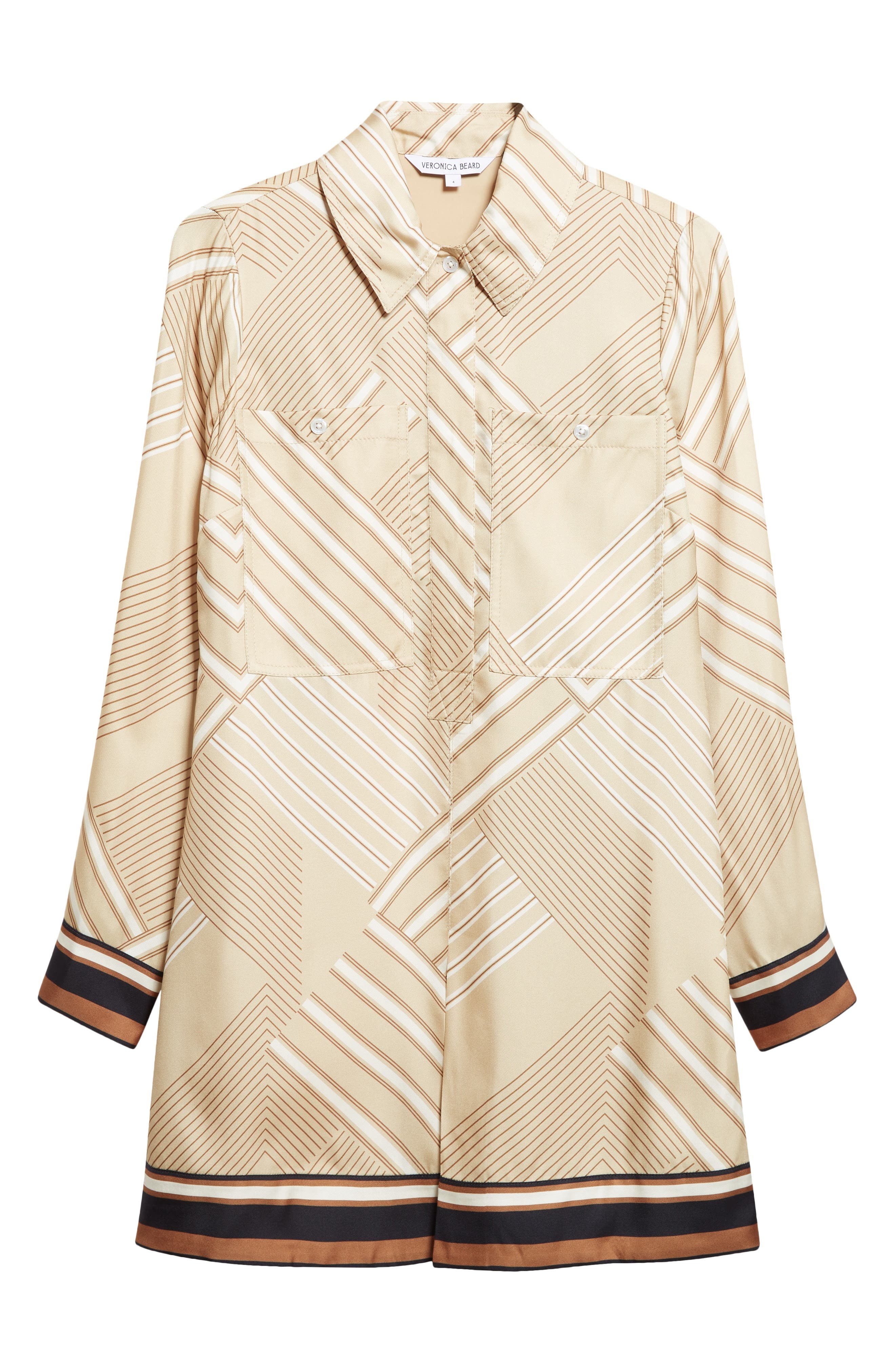 Veronica Beard Pryce Border Print Long Sleeve Silk Blend Shirtdress in Stone Khaki Multi at Nordstro - 5