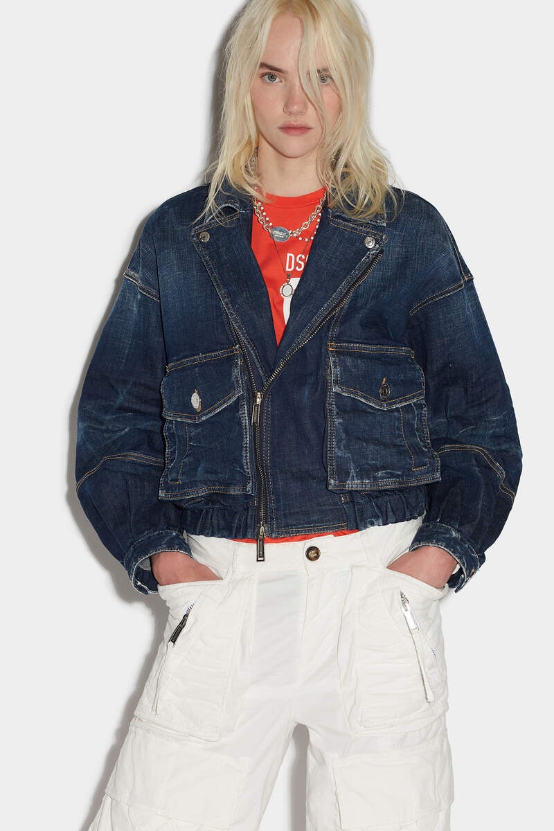 DARK CLEAN WASH CROP BIKER JACKET - 1