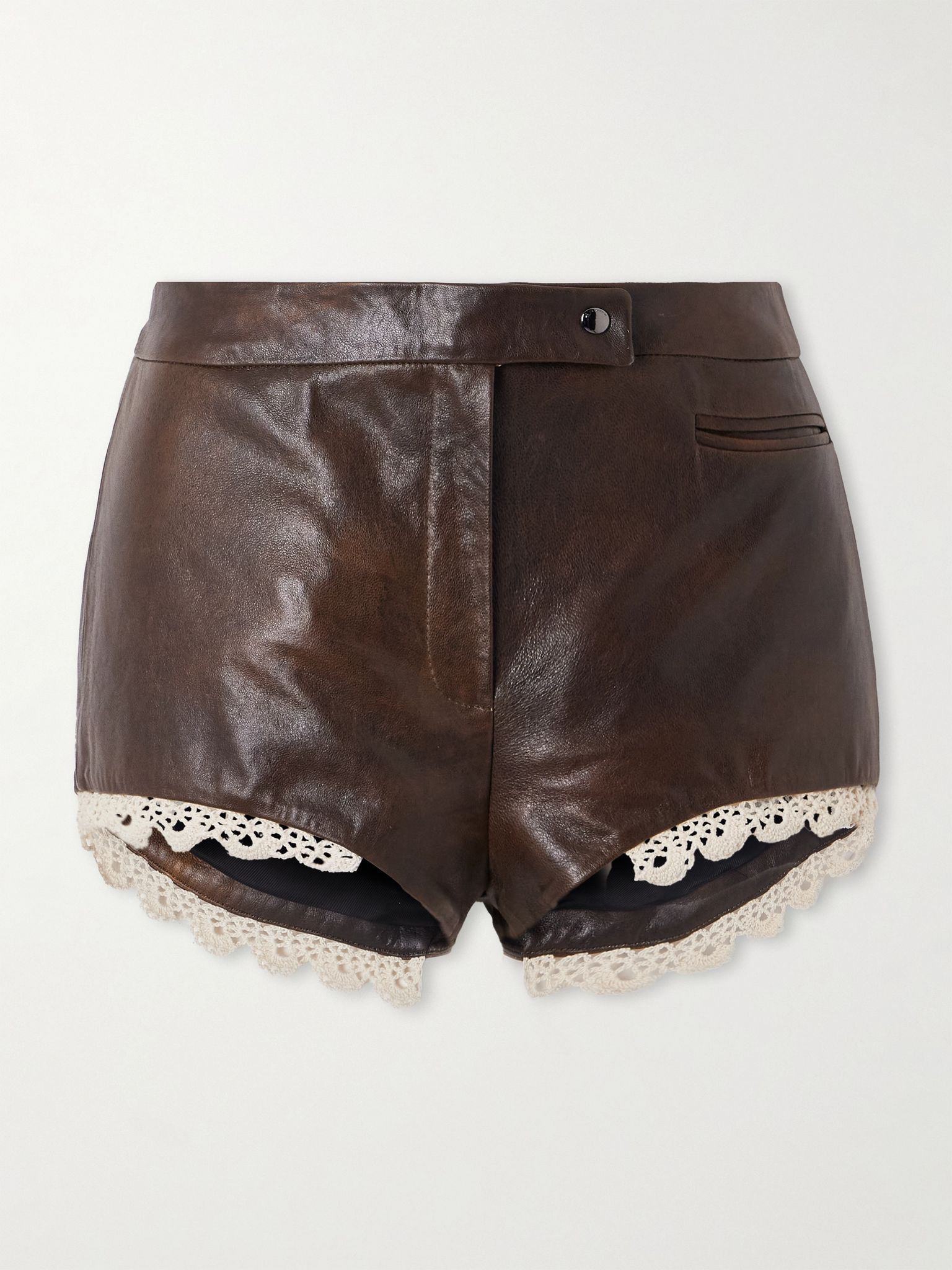 Cotton lace-trimmed leather shorts Brown - 1