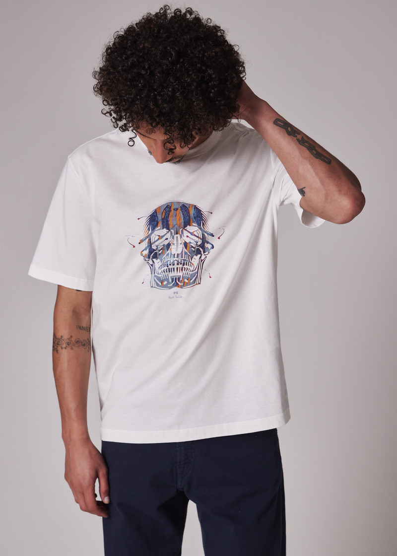 White 'Painted Skull' Print T-Shirt 5