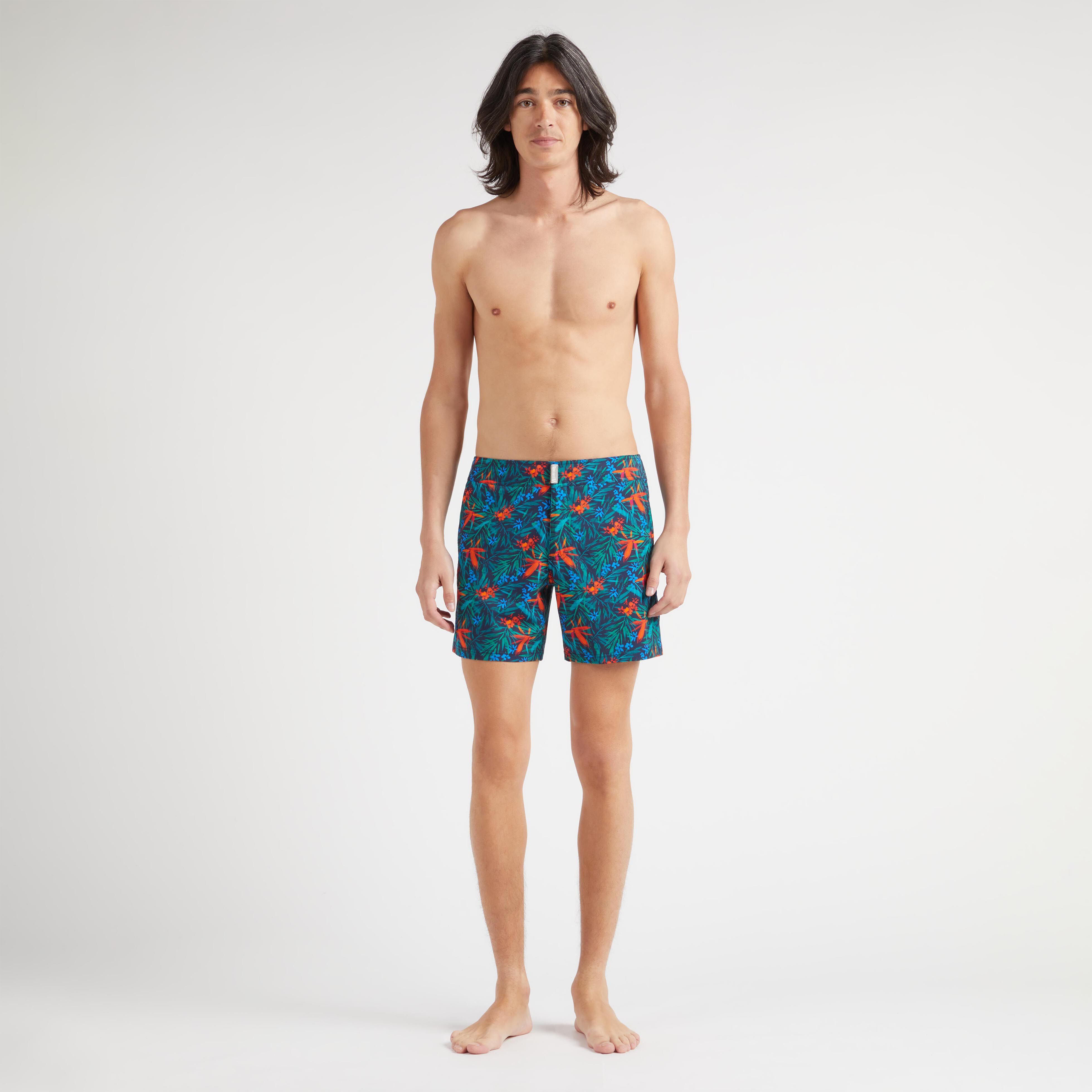 Men Stretch Short Swim Trunks Flat Belt Tropical Flowers - 3
