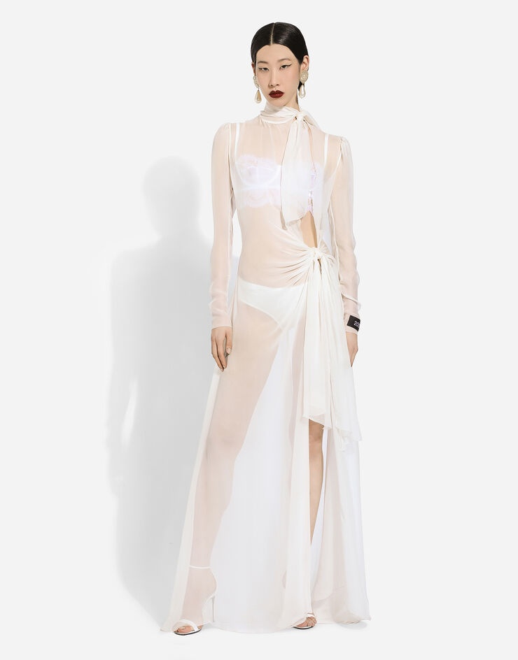 Long silk chiffon dress with bow detail - 3