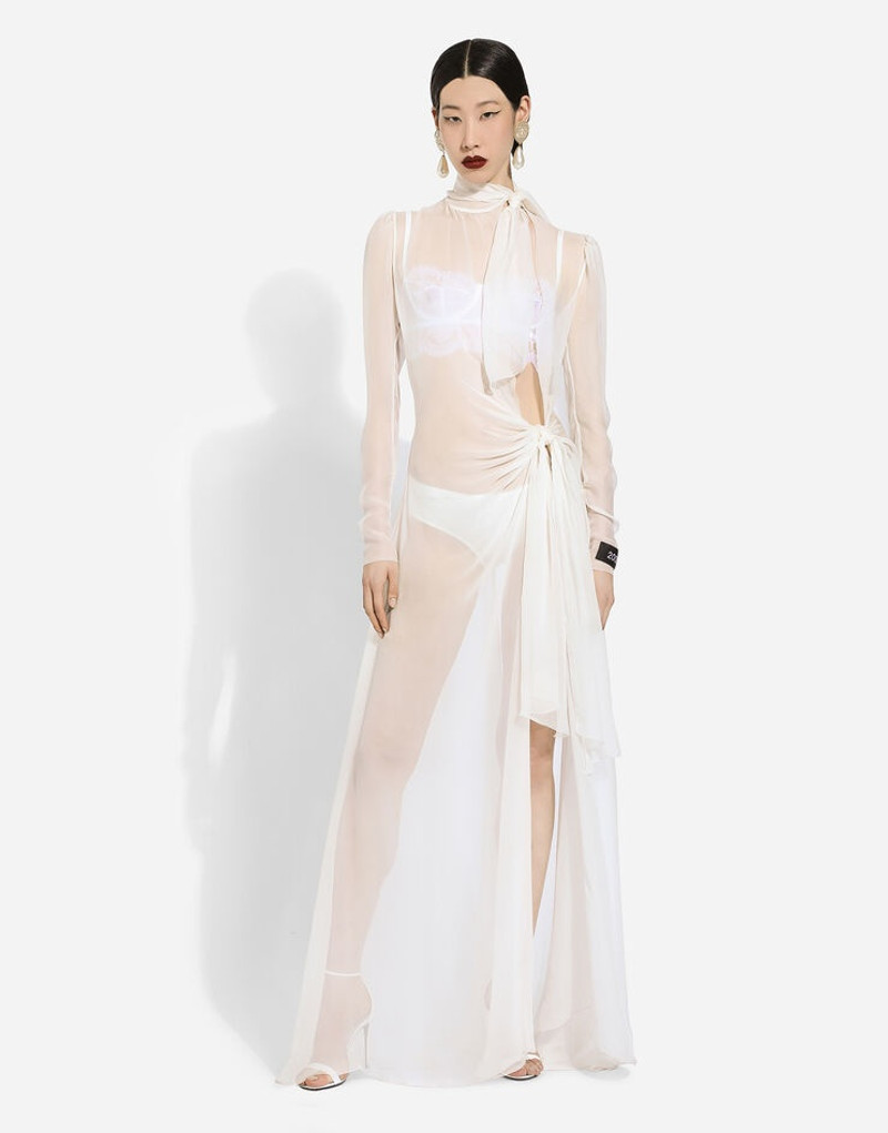 Long silk chiffon dress with bow detail 3