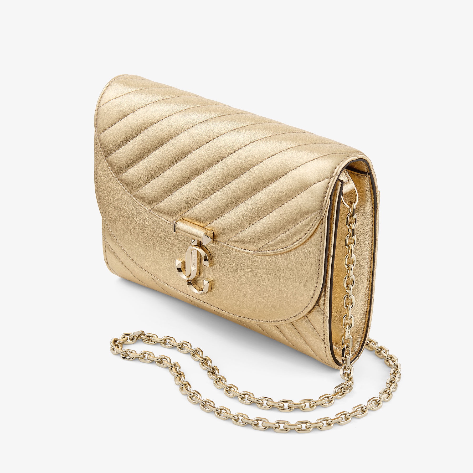 Avenue Curve Clutch
Shiny Gold Quilted Metallic Leather Clutch with Chain - 3