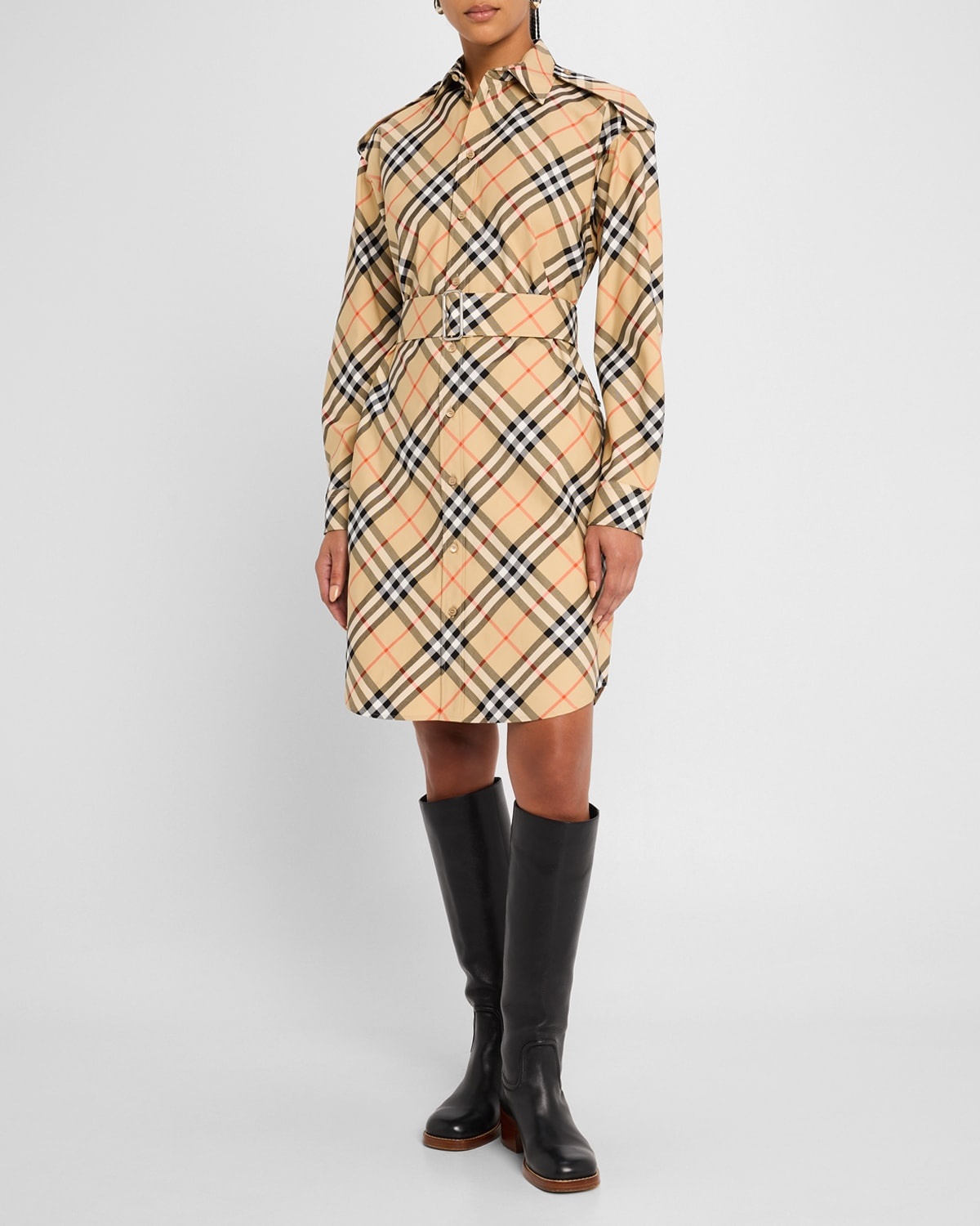 Check Belted Long-Sleeve Shirtdress - 1