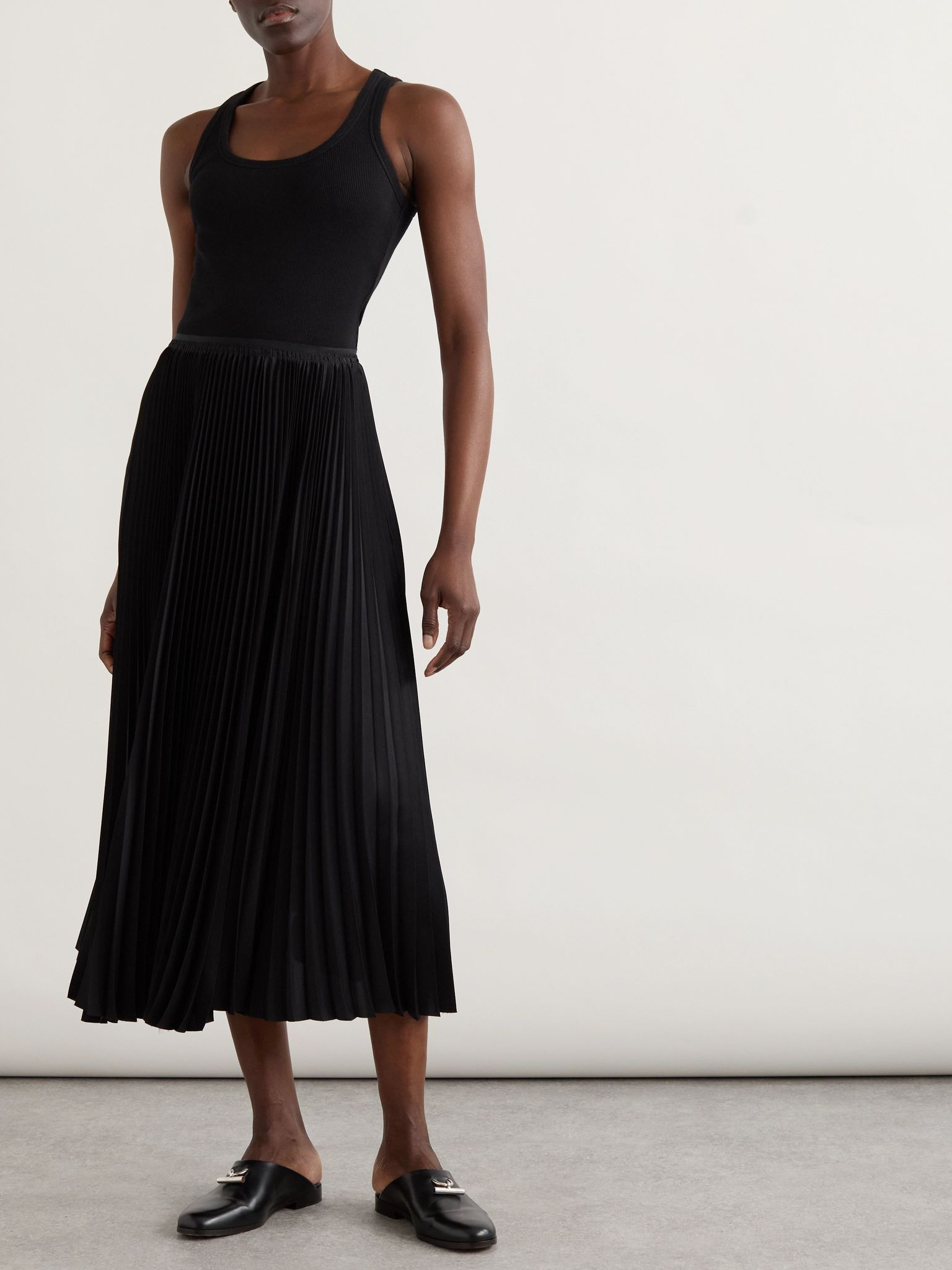 Pleated satin and stretch-cotton jersey midi dress Black - 2