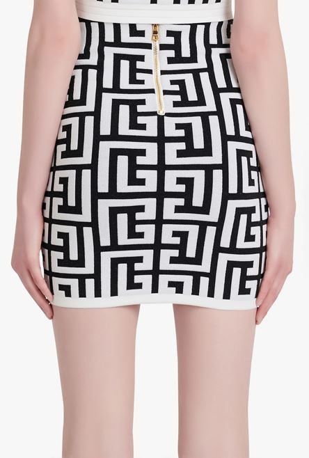 Short black and white wool skirt with Balmain monogram - 8