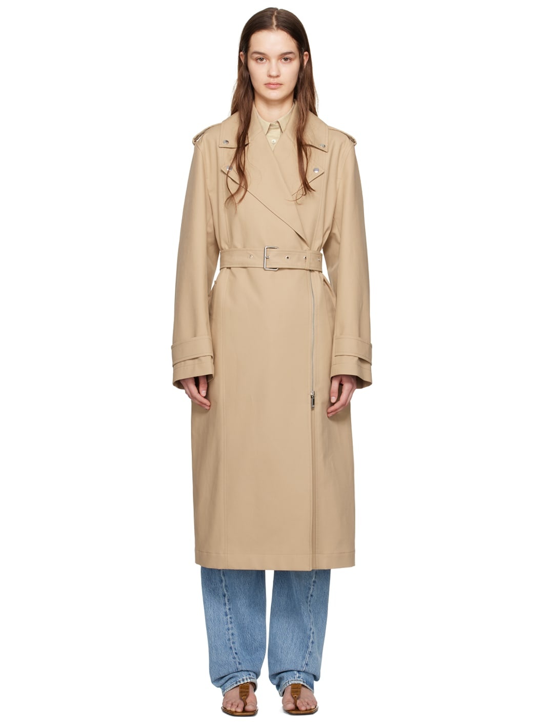 Beige Notched Lapel Trench Coat - 1