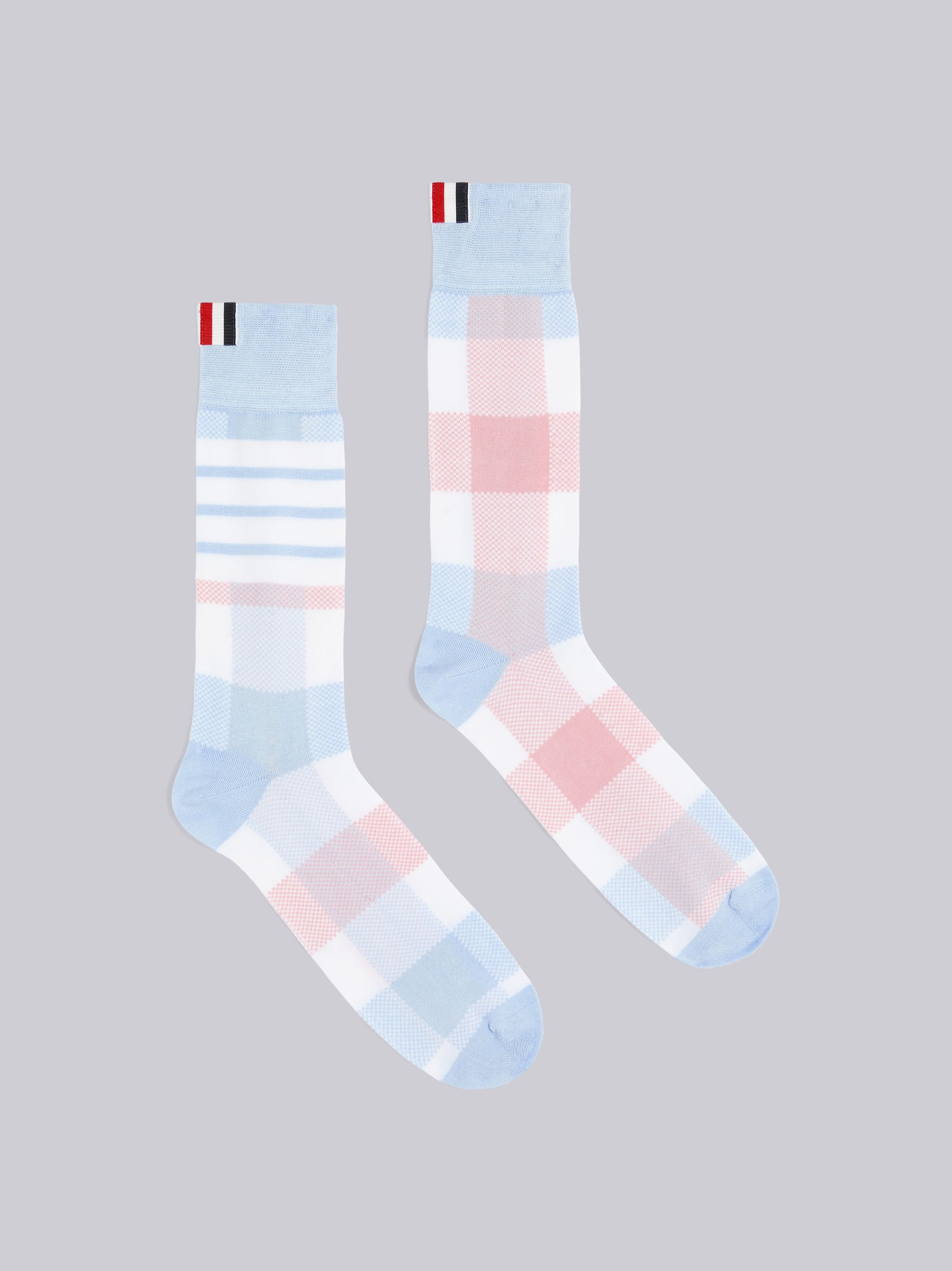 Light Blue Cotton Buffalo Check Mid-calf 4-Bar Socks - 1