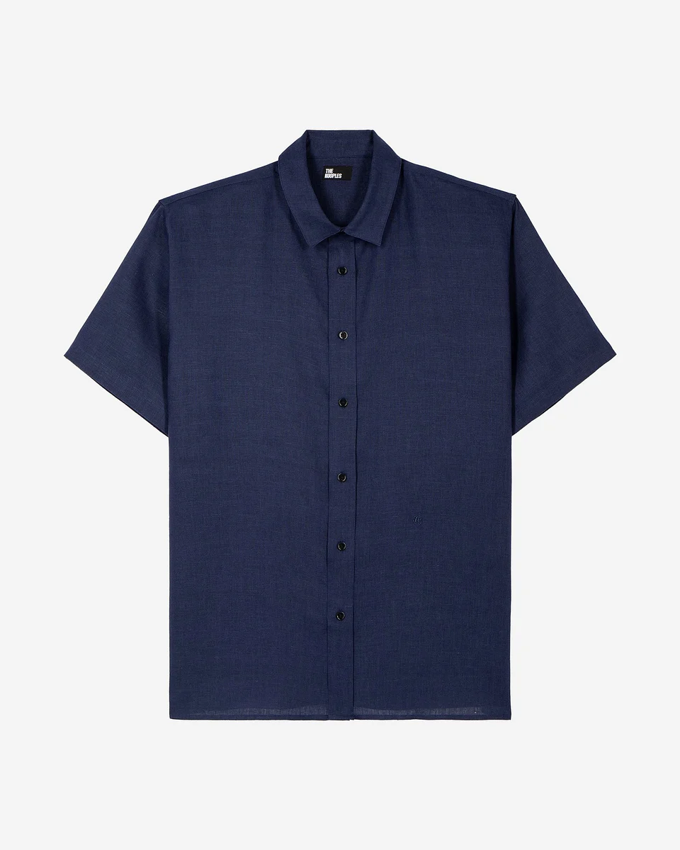 SHORT-SLEEVED NAVY LINEN SHIRT - 1