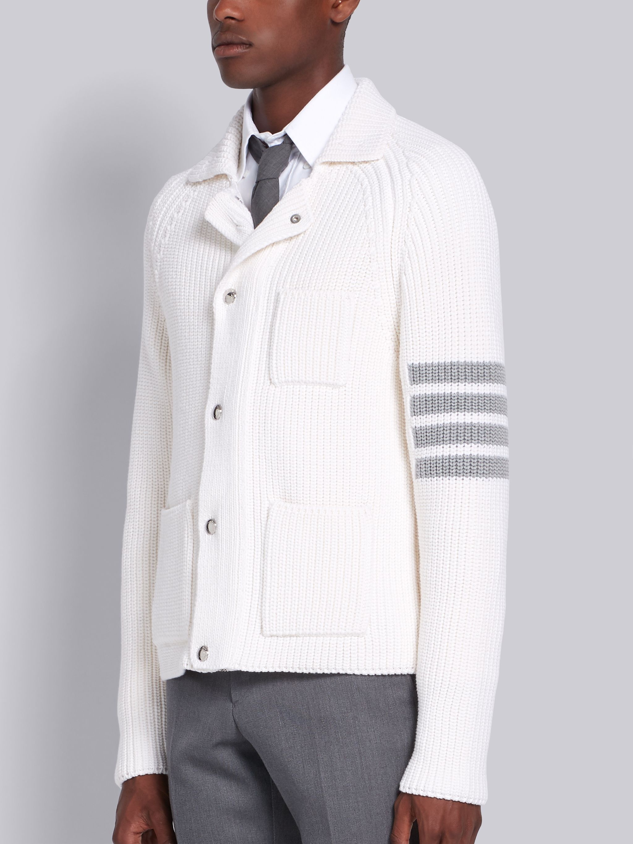 White Wool Cardigan Stitch 4-bar Jacket  - 2