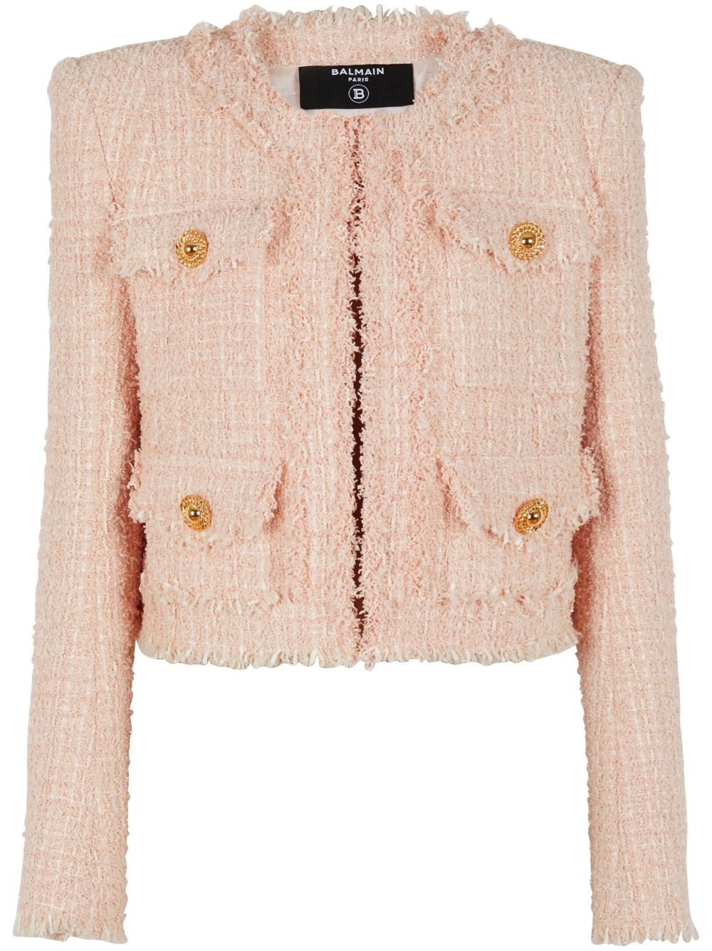 tweed collarless frayed jacket - 1