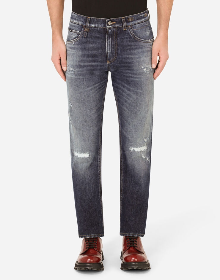 Blue wash regular-fit jeans with rips - 1