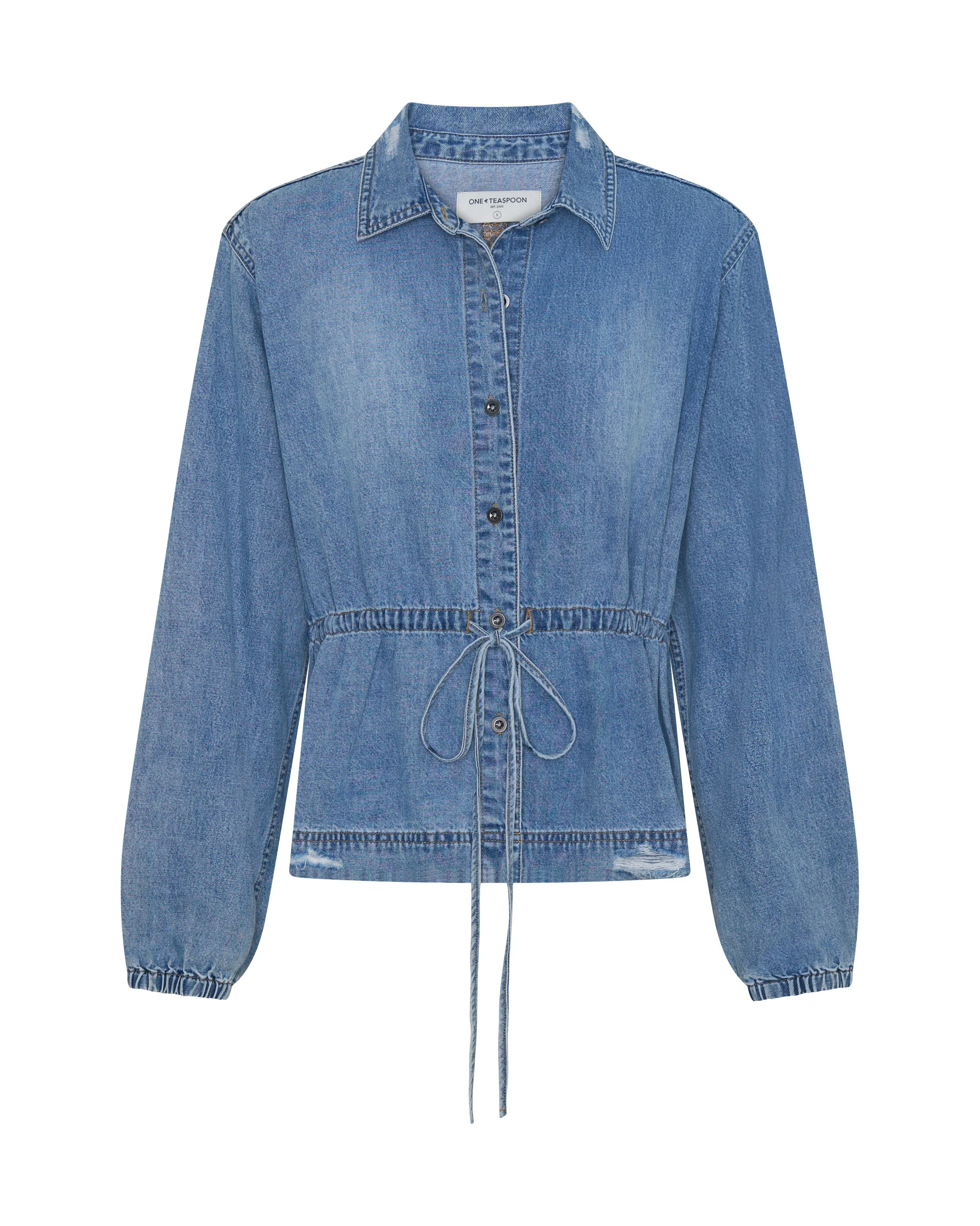 Drawstring Denim Shirt - Washed Blue - 1